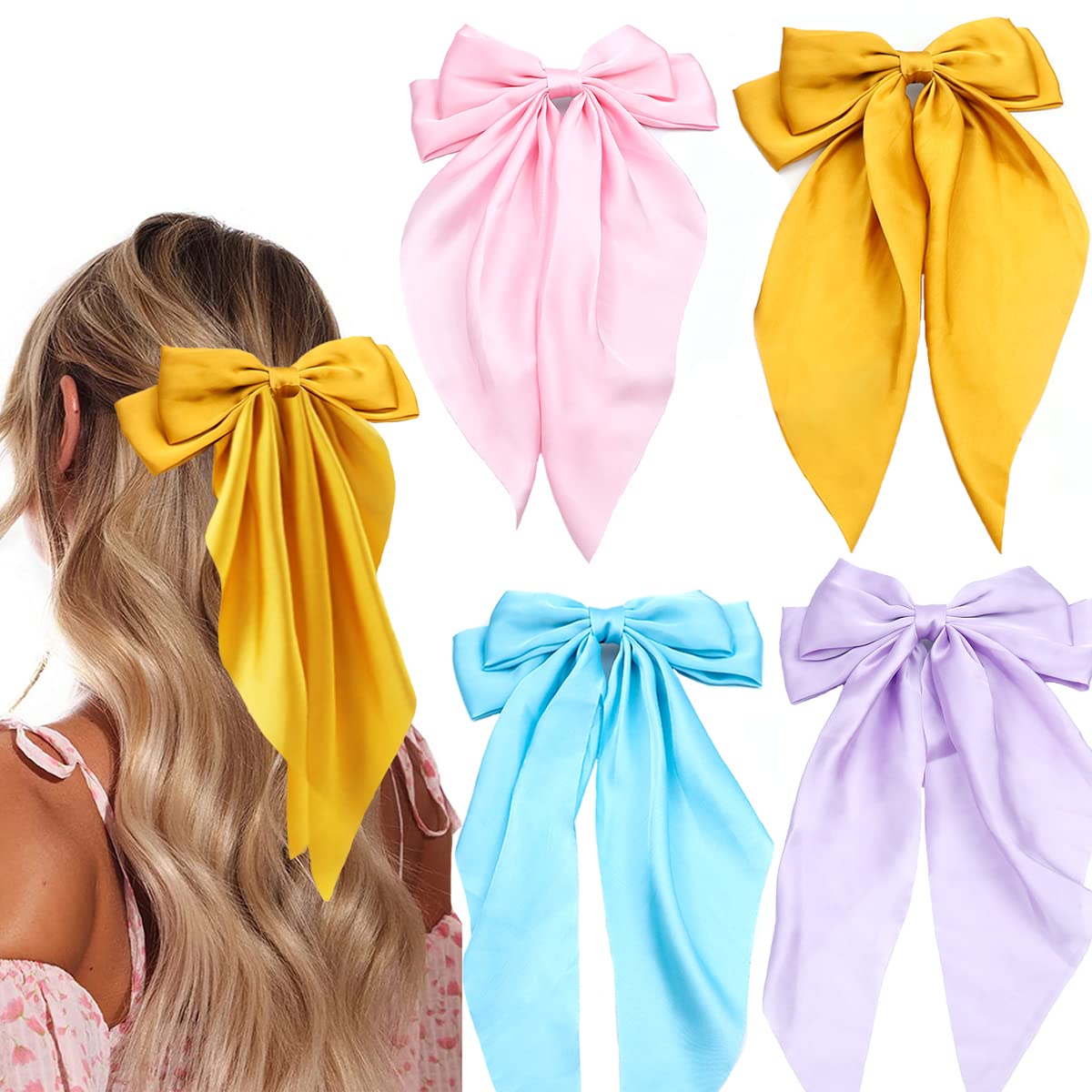 4 Pieces Silky Satin Hair Bows Ribbon Hair Barrettes Clip Large Bow Hair Slides Metal Clips French Barrette Long Tail Hair Acces