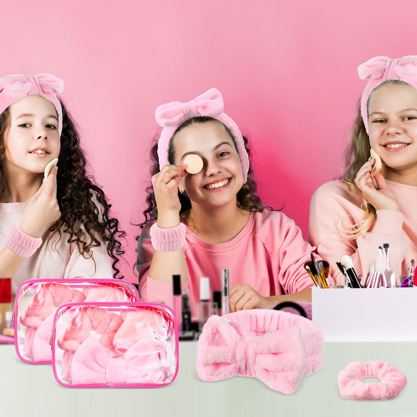 Hoteam 10 Pieces Spa Sleepover Party Supplies 2 Pink Spa Headband 2 Wristbands 2 Plush Sleep Eye Mask 2 Velvet Scrunchies 2 Clea