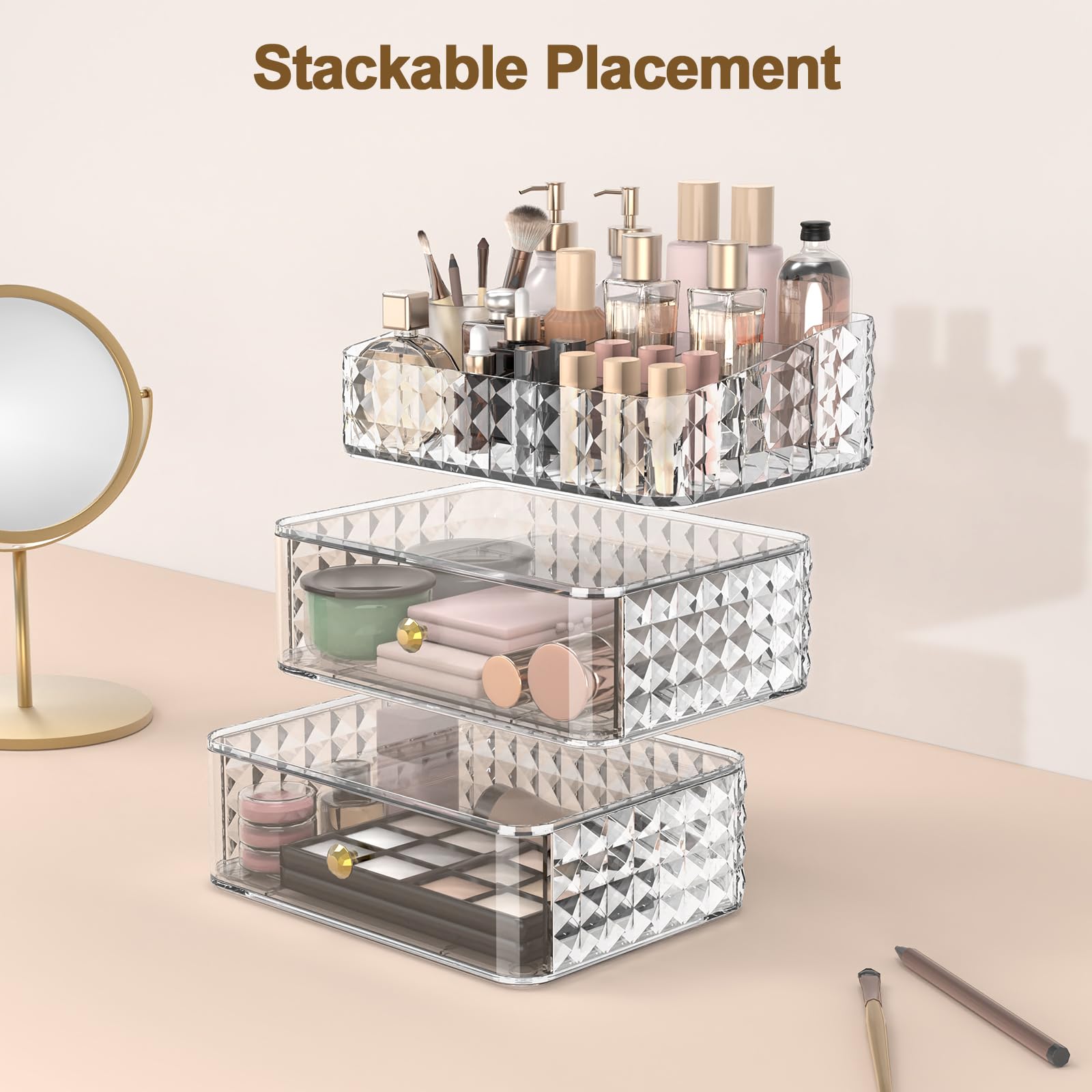 Rosoenvi Makeup Organizer for Vanity, Stackable Cosmetics Organizer and Storage, Cosmetic Display Cases with 2 Drawers and 1 Tra