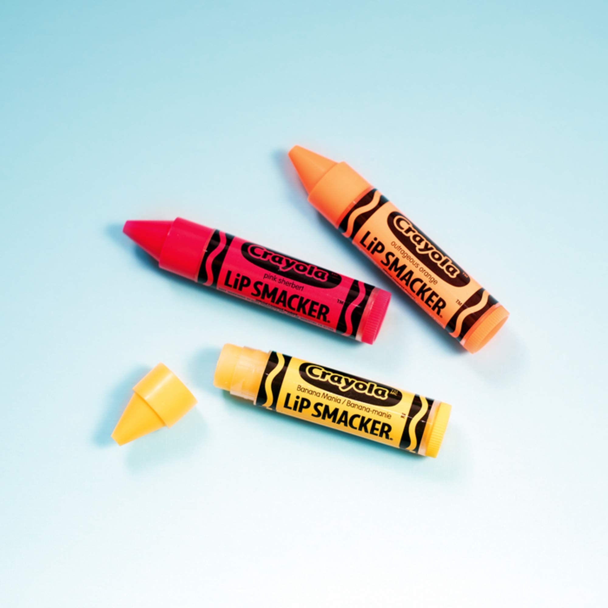 Lip Smacker Crayola Crayon Flavored Lip Balm Trio 3-Pack, Banana, Sherbert, Orange, Clear Matte, For Kids, Women, Men
