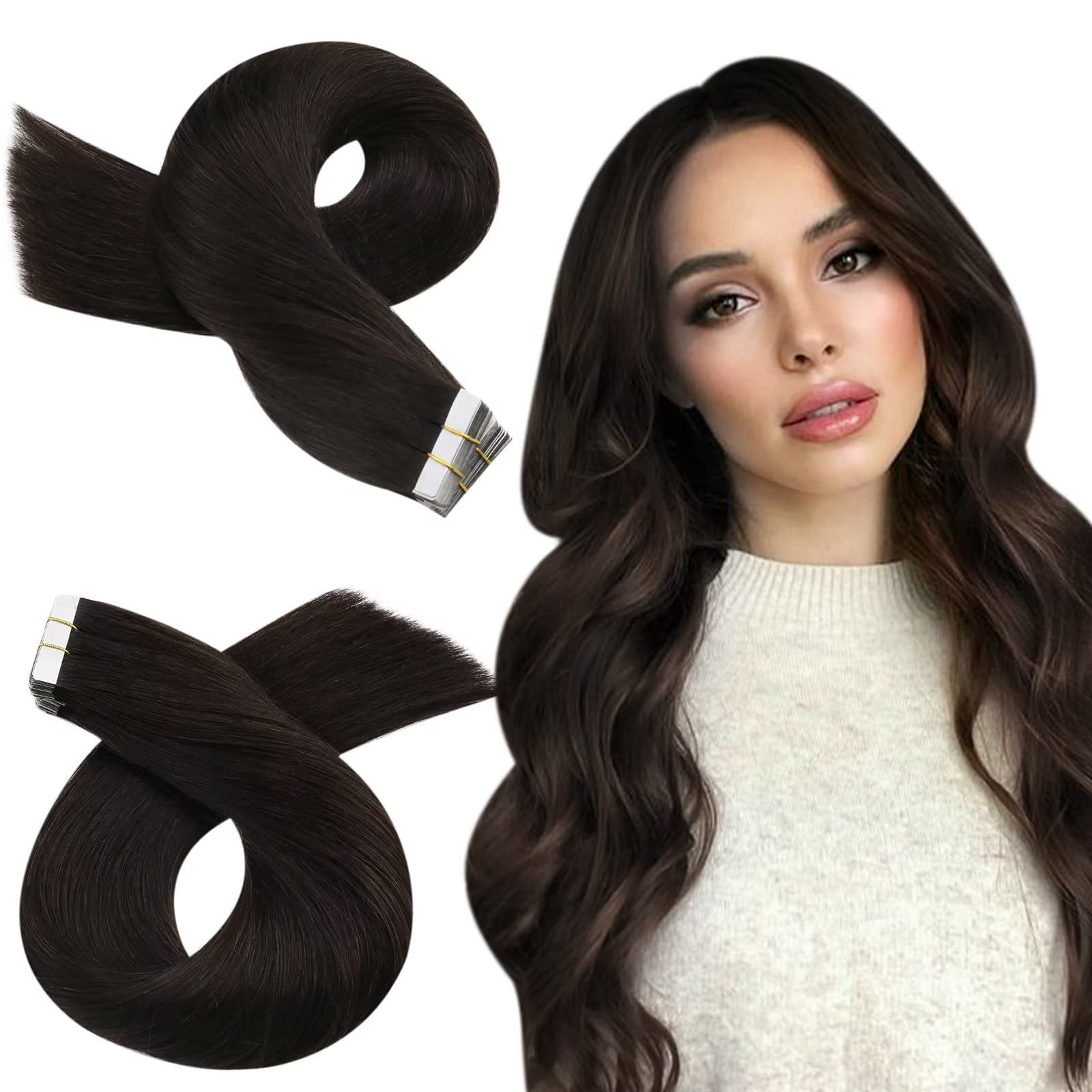 Moresoo Tape In Brown Hair Extensions Human Hair Extensions 16 Inch Invisible Pu Tape In Hair 2 Darkest Brown Glue On Brazilian