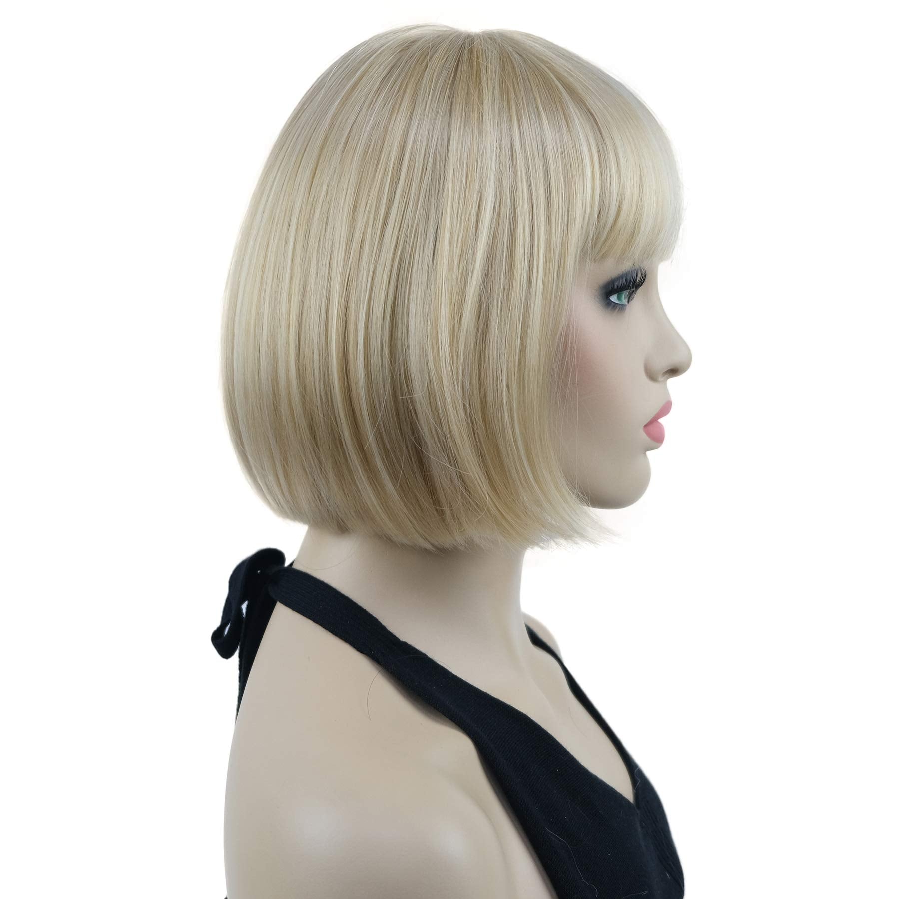 Lydell 8'' Straight Short Bob Hair Flat Bangs Cute Central Dot Skin Top Heat Resistant Synthetic Wigs (24Bt613 Blonde Mix)