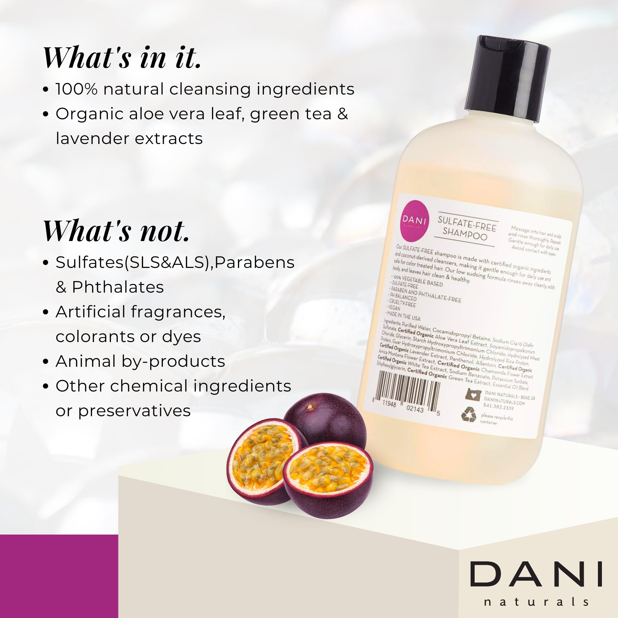DANI Natural Moisturizing Shampoo Naturals - Juicy Passion Fruit Scent - Organic Aloe Vera & Coconut Cleansers - Sulfate, Phthal