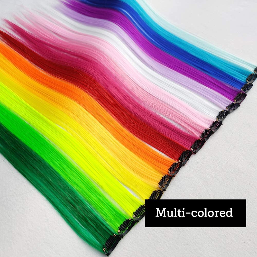 KGBFASS 32Packs Colored Hair Extensions 20Inch Straight Color Clip in on Hair Extension Rainbow Party Highlights Synthetic Hairp