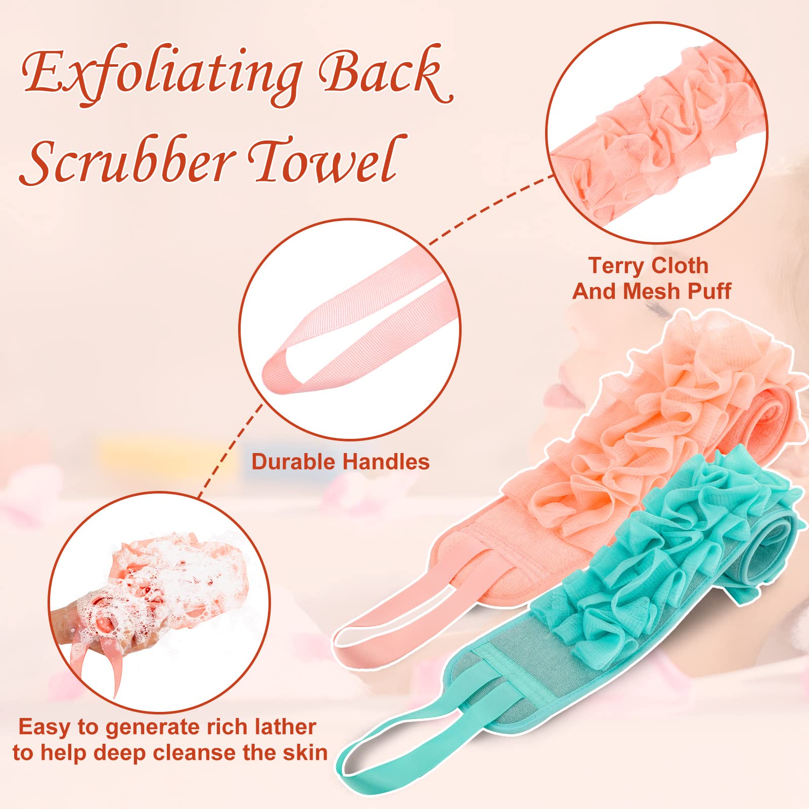 Tudomro 2 Pack Exfoliating Back Scrubber - Double Sided Soft Cloth Shower Loofah - Pink & Dark Blue