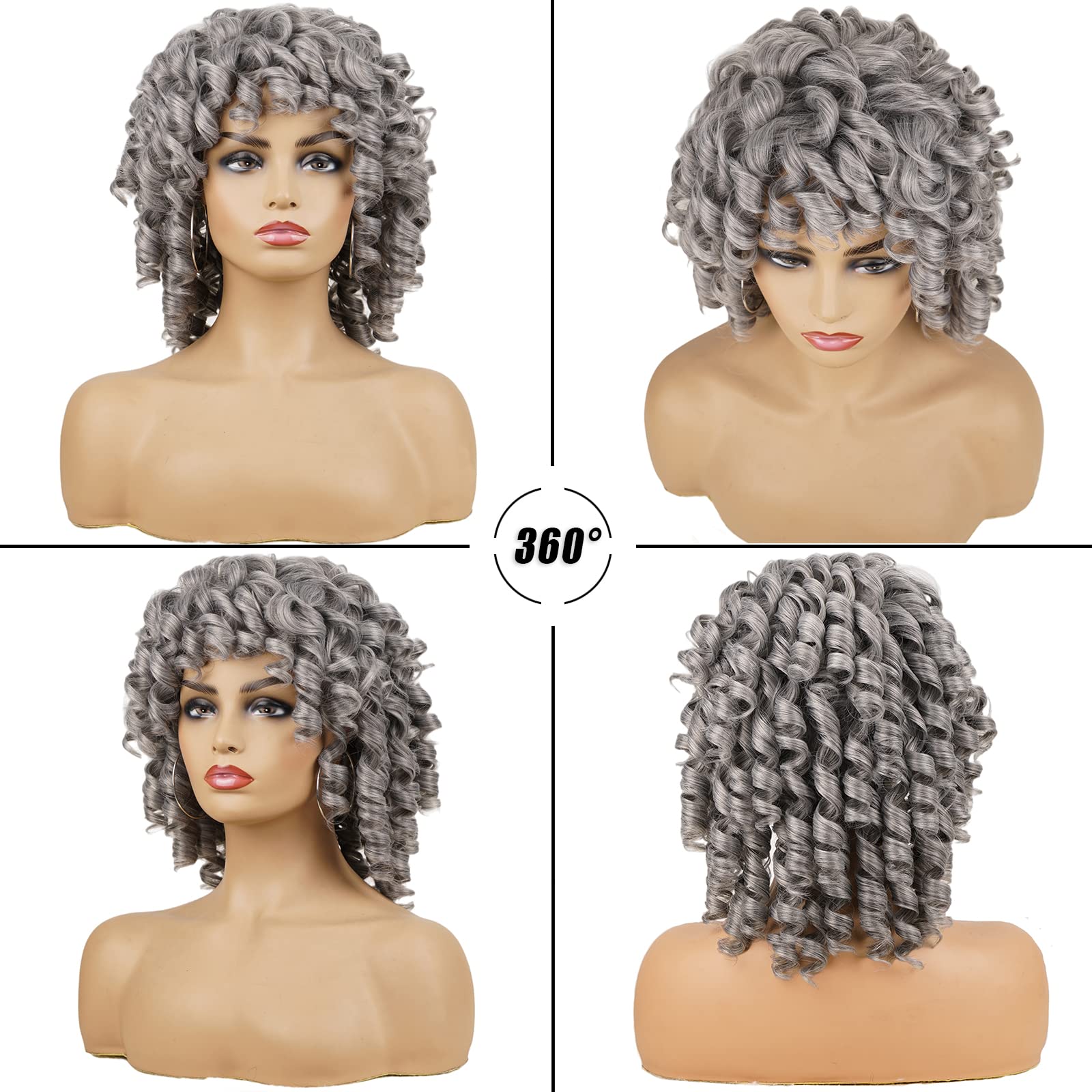 Andromeda Gray Short Curly Wig For Black Women, 14-Inch, Synthetic Fiber, Adjustable Cap, Heat Resistant