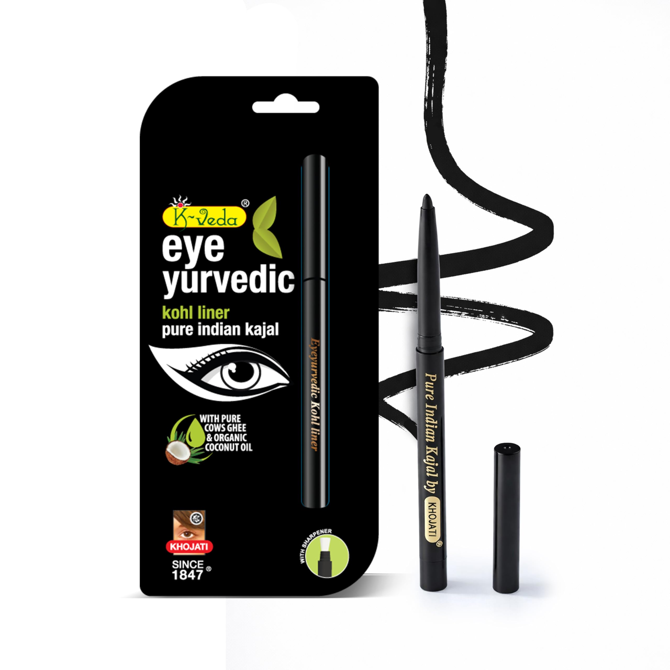 KVeda Herbal Ayurvedic Kohl Liner | SmudgeProof Kajal With Almond Oil & Vitamin E | 12Hr LongLasting, Waterproof, Natural Eye