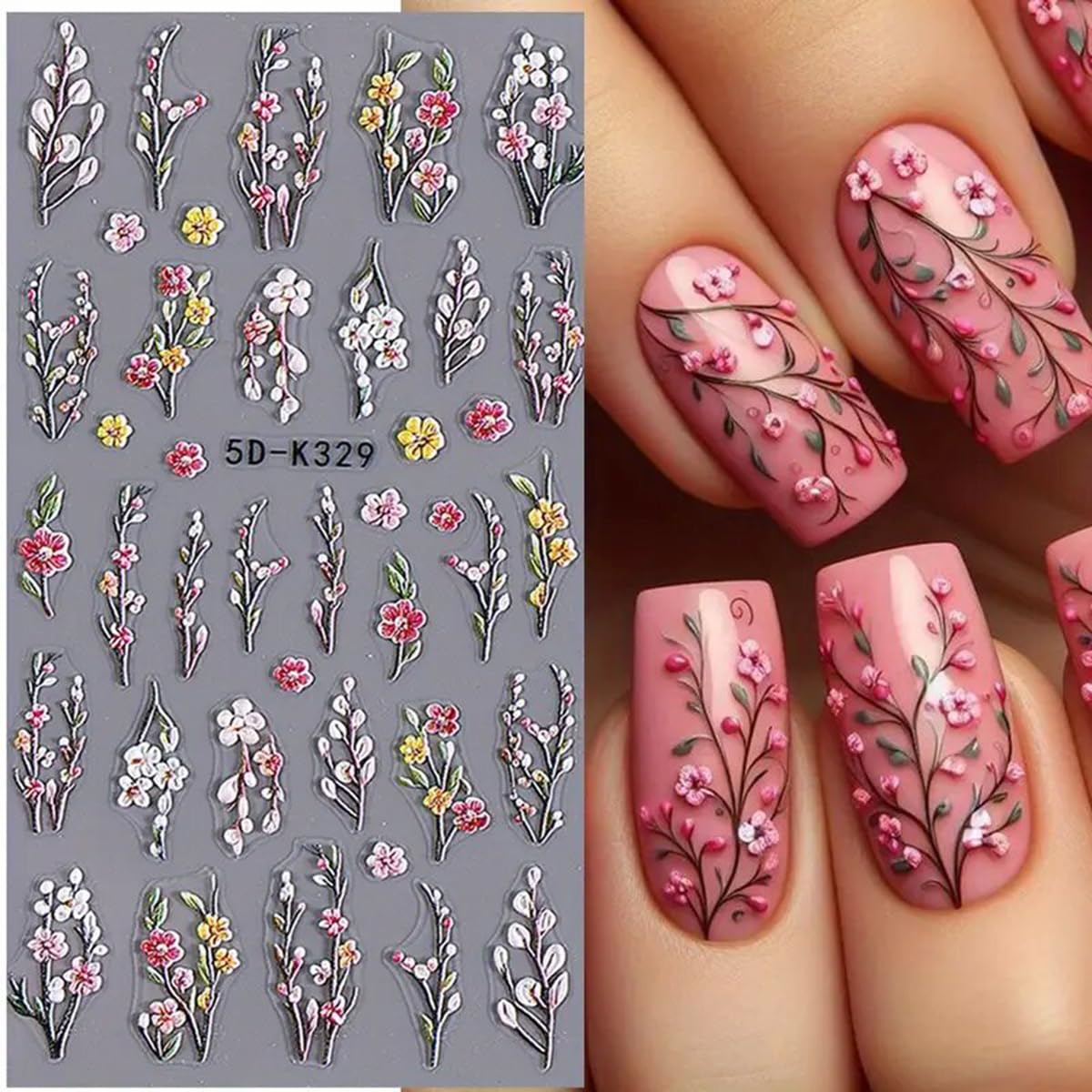 Flower Nail Art Stickers Decals 5D Embossed Flowers Nail Decals 3Pcs Purple&Pink Floral Valentines Day Rose Love Heart 3D Self-A