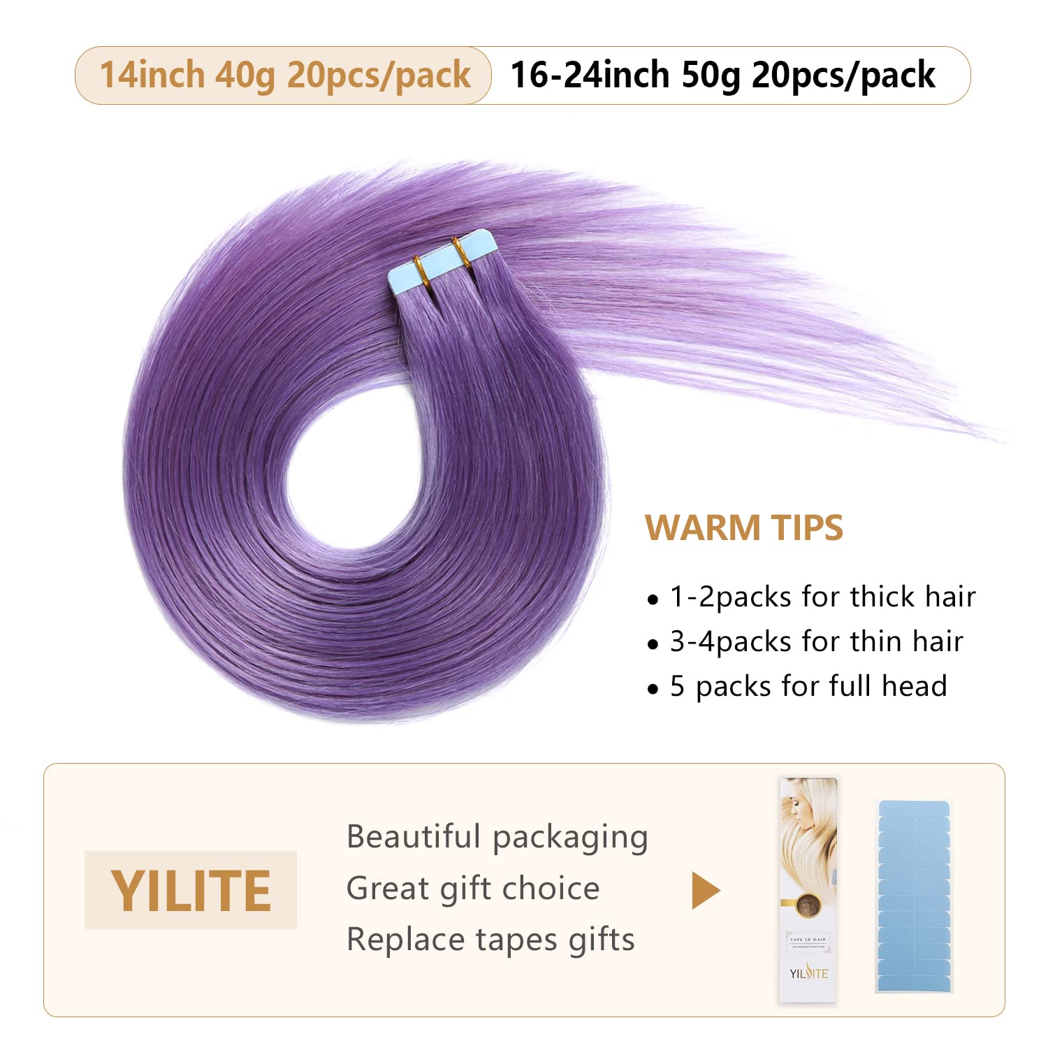 Yilite 20Pieces/Pack 50G Purple Tape In Hair Extensions Human Hair 18 Inch 50G/Pack Seamless Invisible Straight Tape In Hair Ext