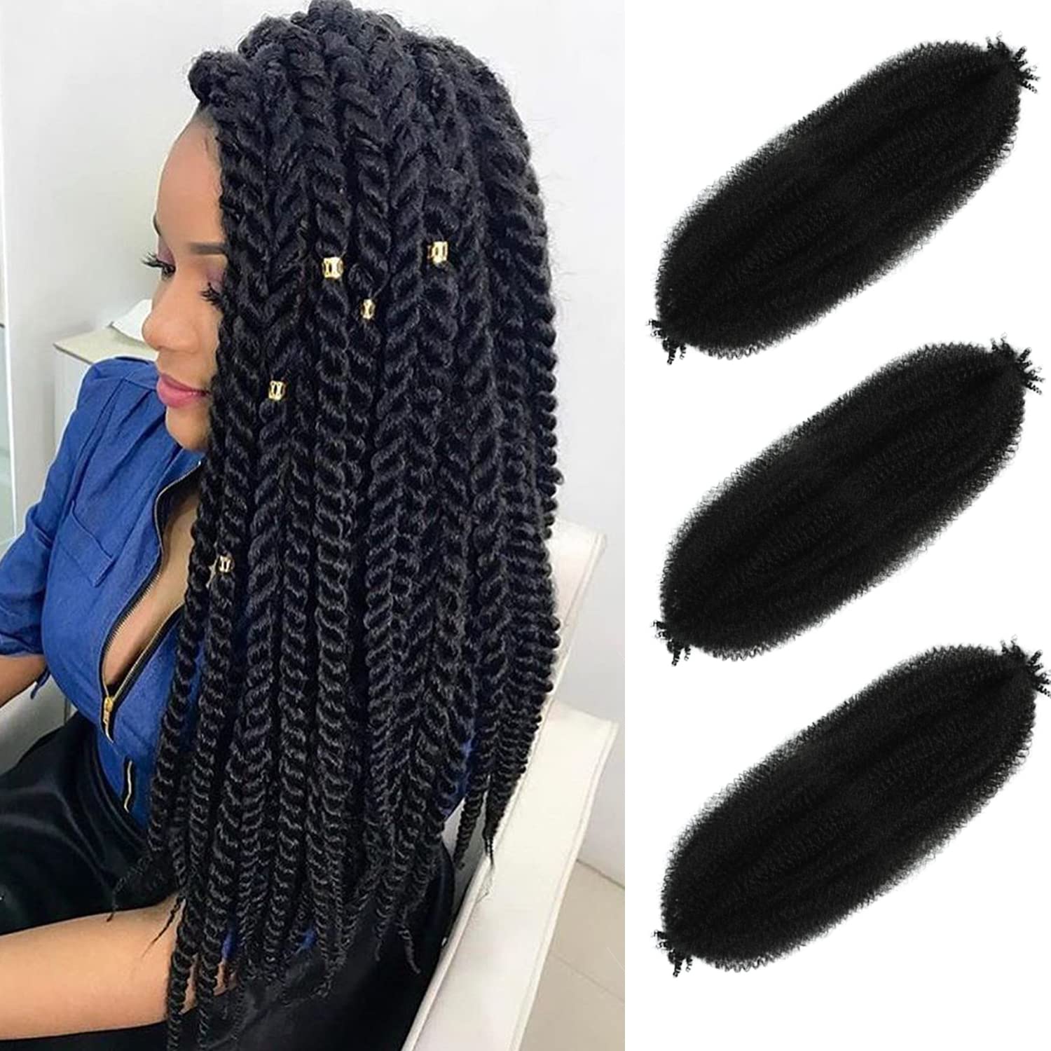 Springy Afro Twist Hair 24 Inch 3 Packs Black Color Pre Fluffed Marley Twist Braiding Hair (24 inch, 1B)