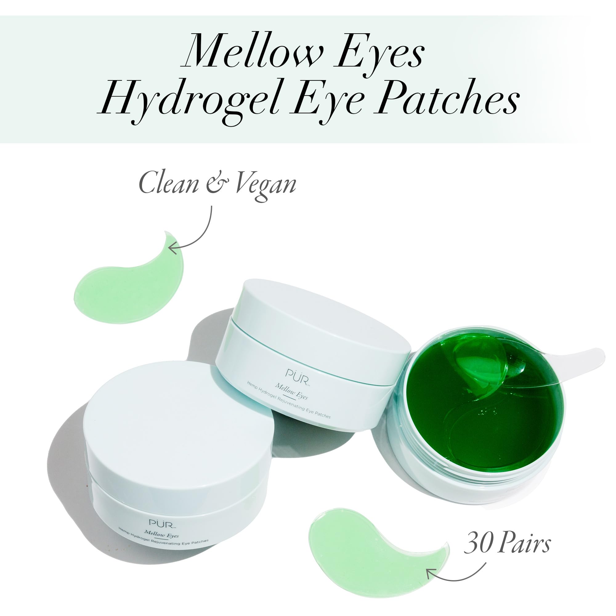 Hydrogel Rejuvenating Under Eye Patches, Mellow Eyes by PUR Beauty - Hydrates, Plumps & Brightens Under Eye - Hemp Seed Oil, Gre