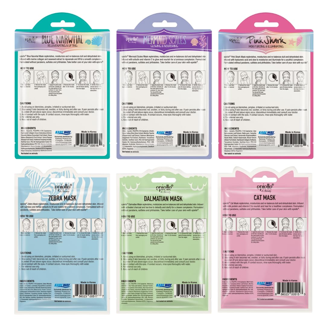 Epielle Animal Character Sheet Masks | Korean Beauty Masks For All Skin Types | Assorted 6 Pack | Birthday Party Gift, Girls' Ni