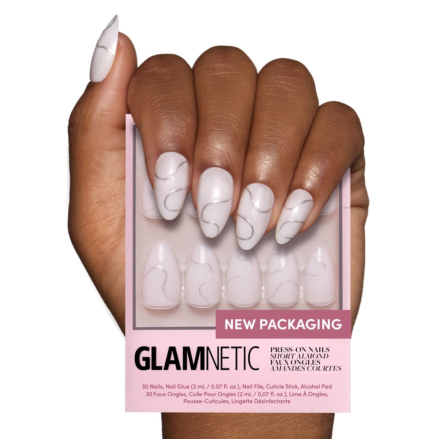 Glamnetic Press On Nails - Silent Night | Short Almond White Nails with 3D Silver Foil in a Glossy Finish | 15 Sizes - 30 Nail K