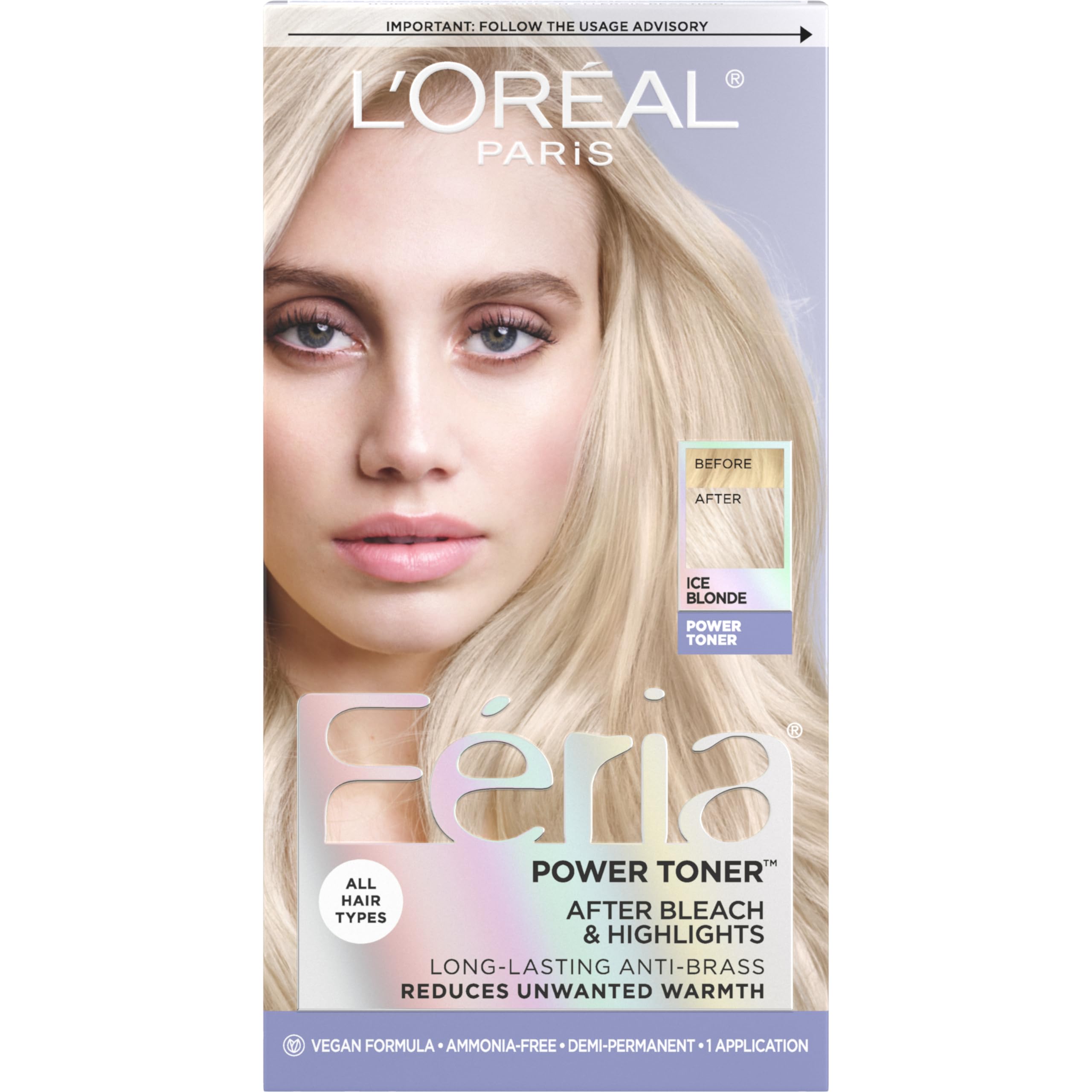 LOreal Paris Feria LongLasting Anti Brass Power Hair Toner, Ammonia Free Demi Permanent Hair Color, Ice Blonde Hair Toner, 1 A