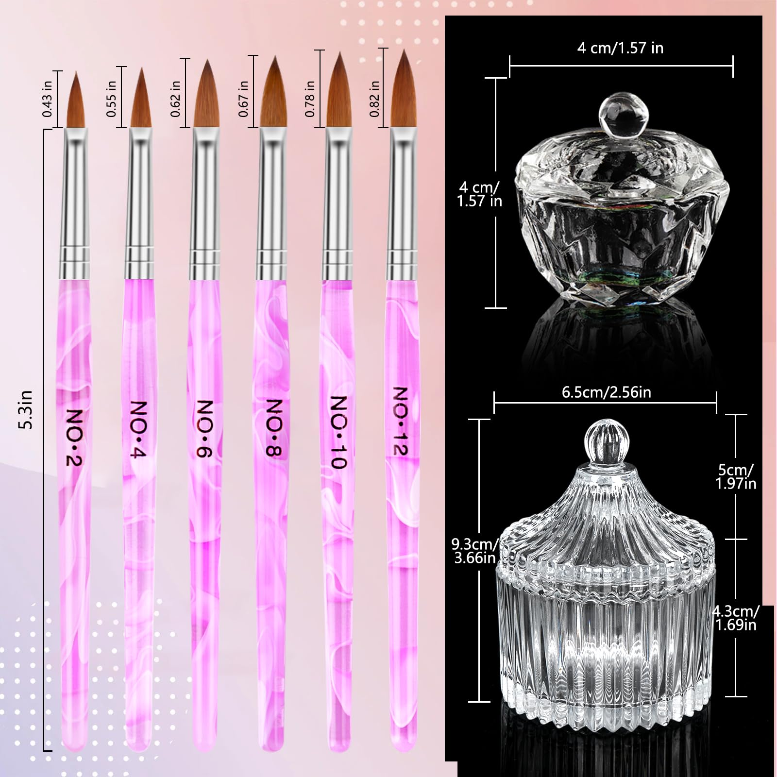 Acrylic Nail Brush Dappen Dish Set - 6Pcs Acrylic Nail Brush And 2Pcs Crystal Dappen Dish With Lid For Acrylic Nails, Monomer Di