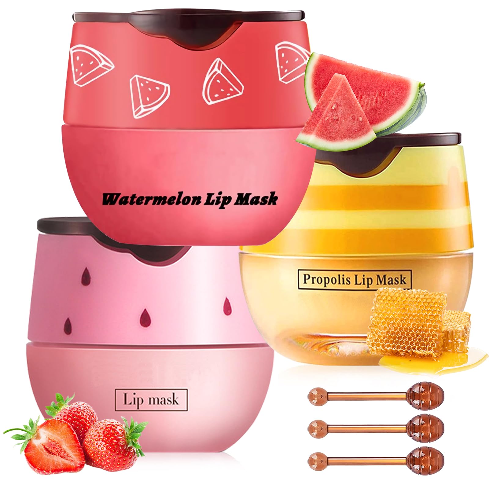 3 Pcs Bee Lip Balm Lip Mask Honey Pot, Honey & Strawberry & Watermelon Lip Mask Propolis Moisturizing Lip Balm With Stick, Sleep