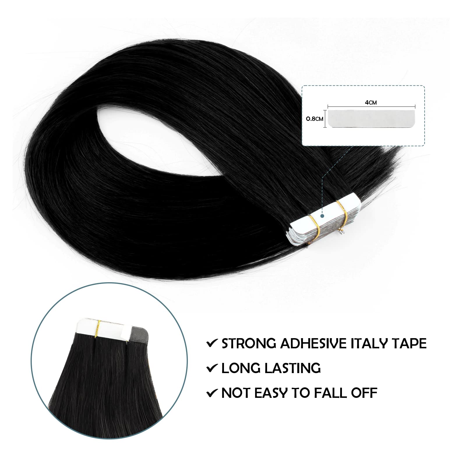Sassina 20 Inch Remy Tape In Human Hair Extensions 50 Gram Invisible Seamless Skin Natural Tape In Human Hair 20 Pcs Jet Black H