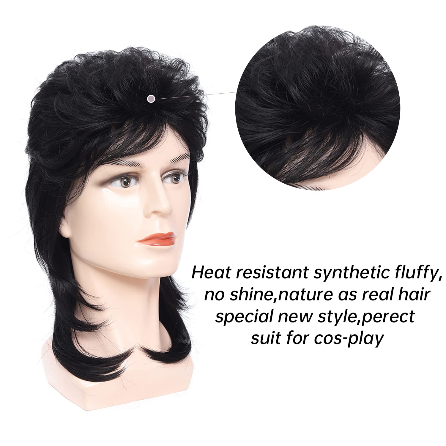 Traqur Mullet Wigs for Men Joe Dirt Emo Wig 70s 80s and 90s Costumes Fancy Party Accessory Cosplay Wig Halloween Man x (Black)