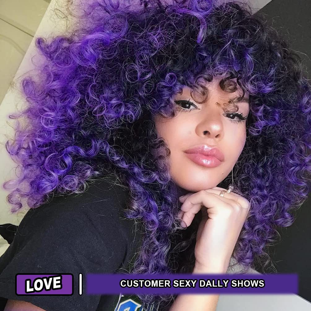 YEAME Curly Wigs for Black Women - Curly Afro Wig with Bangs Purple Mixed Blue Synthetic Hair Afro Curly Wigs with 1 Wig Comb an
