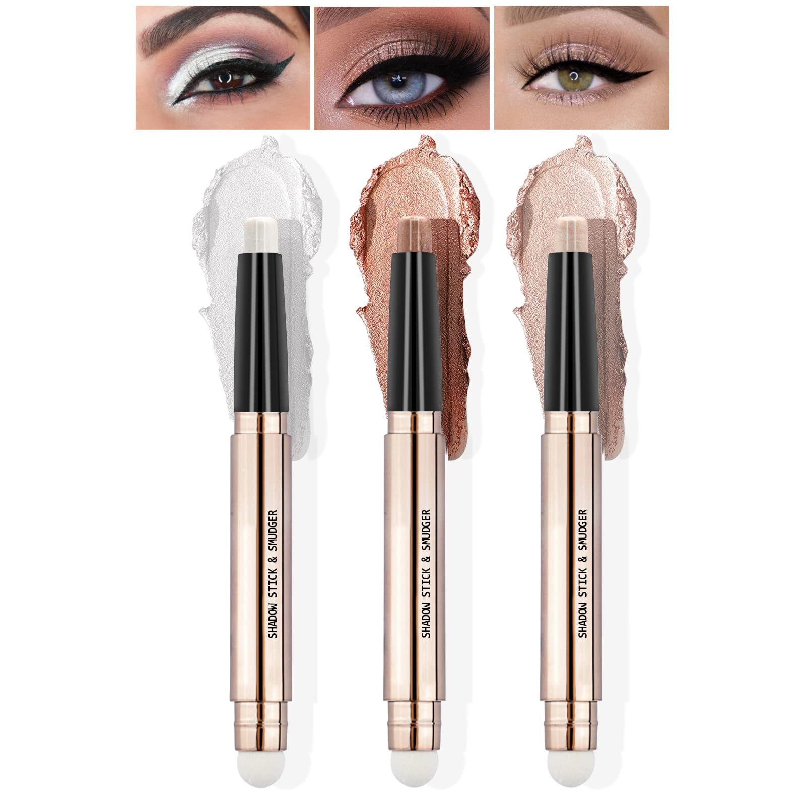 Popmisoler 3 Pcs Glitter Eyeshadow Stick Sets, Smudge Proof Cream Eye Shadow Sticks Brown Eyeshadow Pencil With Soft Smudger Wat
