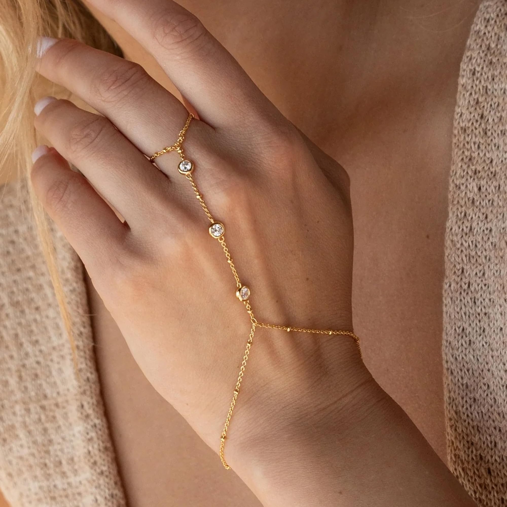 Poxtex Gold Beaded Bracelets for Girls Waterproof, 14K Real Gold CZ Diamond Bezel Hand Chain Bracelets, Dainty Adjustable Bracel