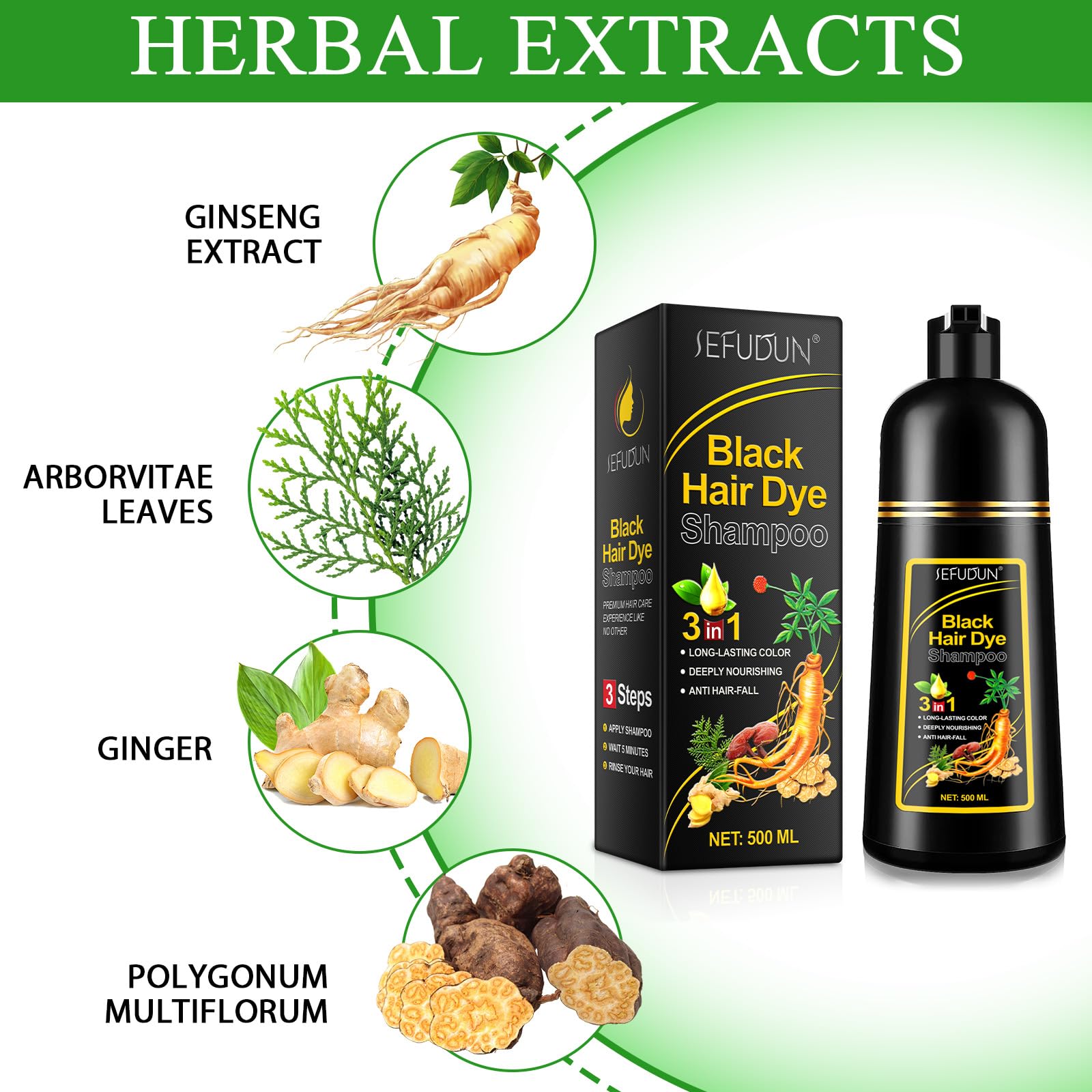 NIFEISHI 3 in 1 Black Hair Dye Shampoo - Natural Herbal, 500ml, for Gray Hair, Unisex