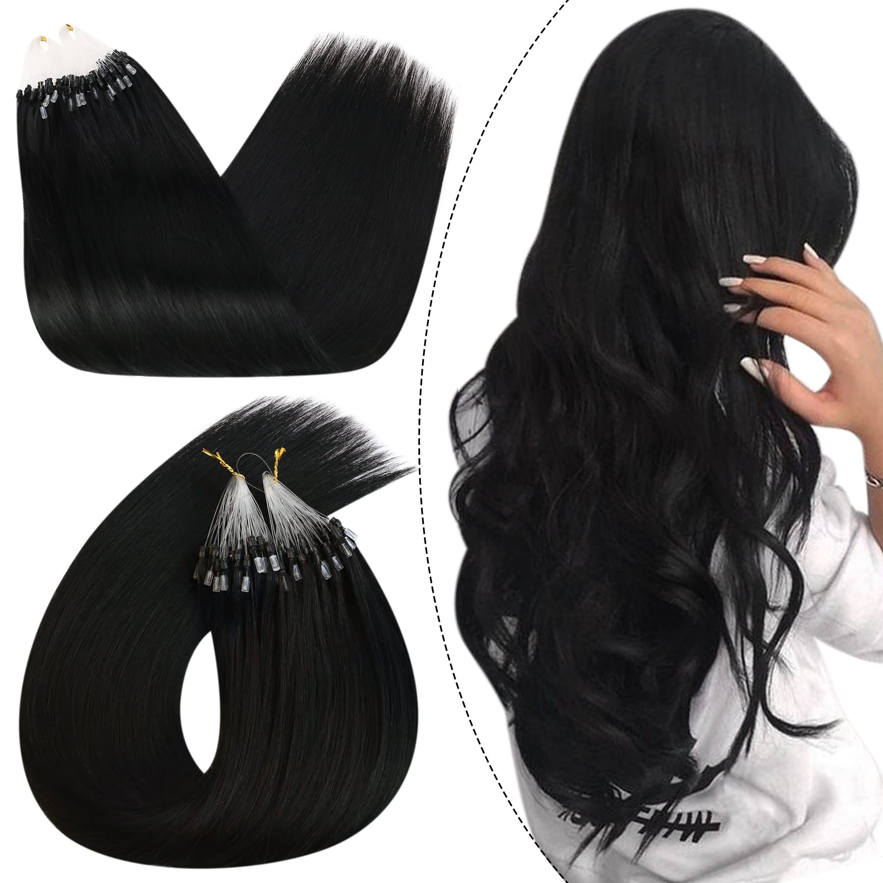 Ugeat 20 Inch Micro Loop Hair Extensions Remy Straight Hair Microlink Hair Extensions Human Hair Color #1 Jet Black Micro Beads