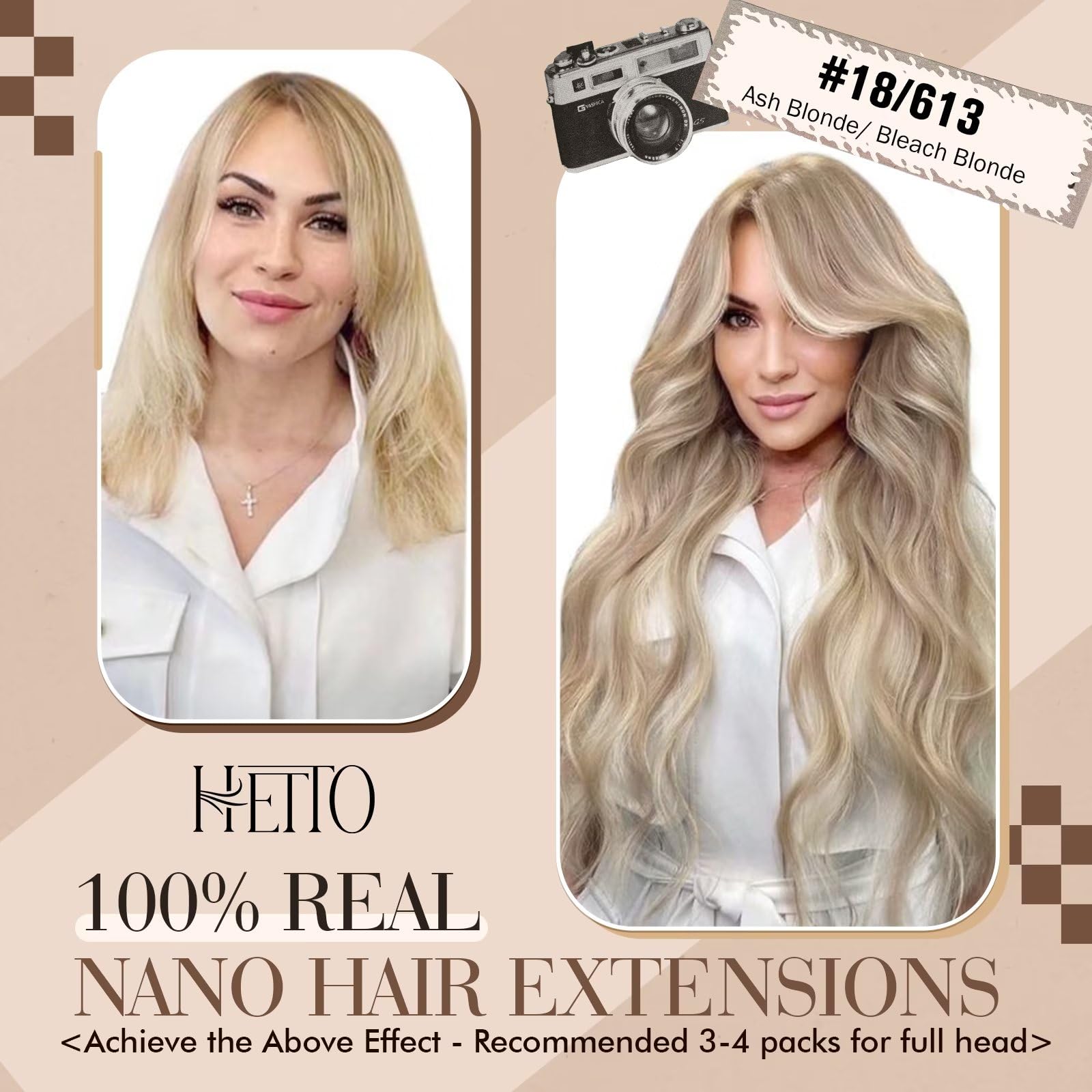 Hetto Blonde Nano Link Hair Extensions Human Hair #18/613 Ash Blonde Highlighted Bleach Blonde Nano Ring Human Hair Extensions 1