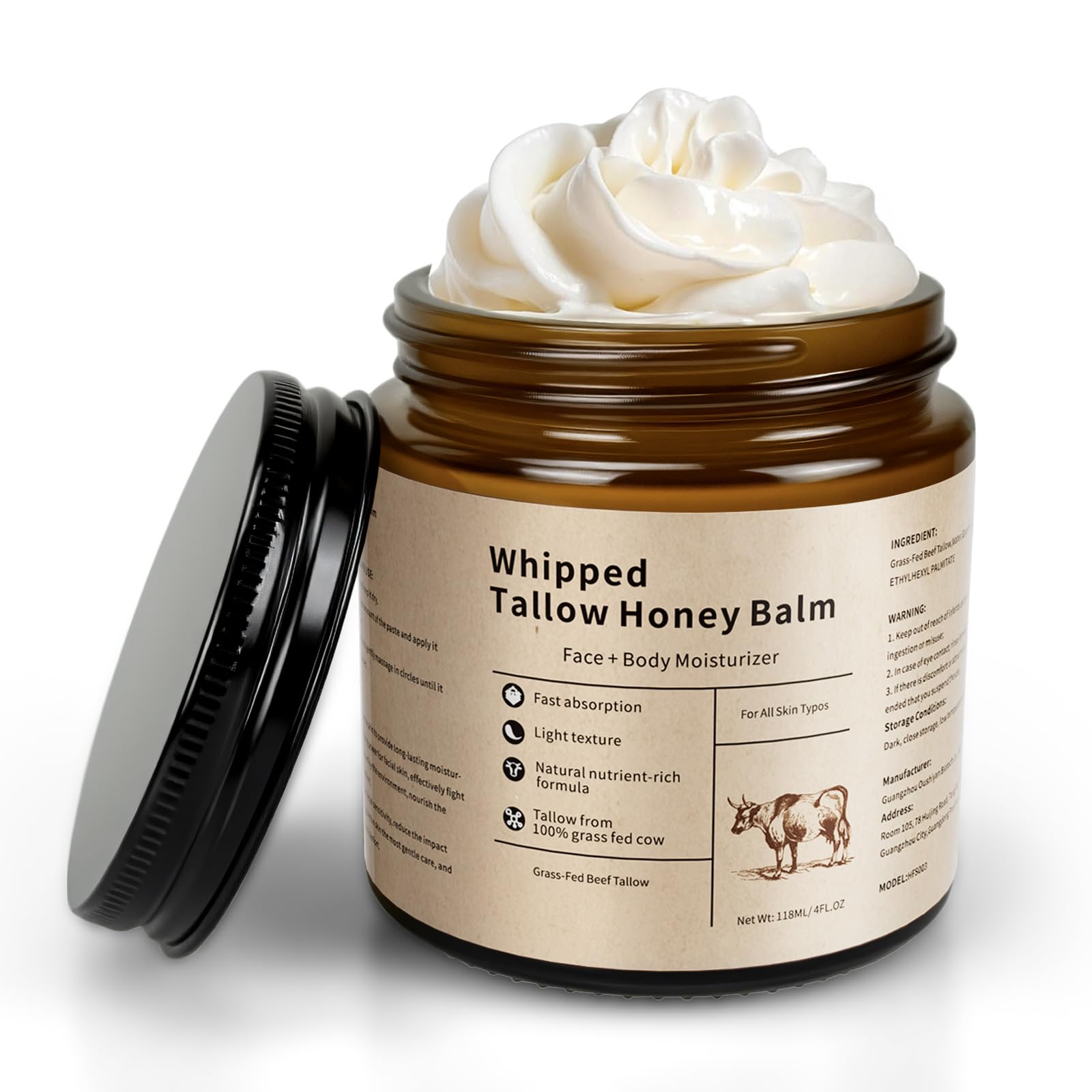 Handmade Whipped Tallow Balm for Face & Body, 4 Oz Organic Grass-Fed Beef Tallow Balm with Raw Honey, Moisturizing Cream for Sof