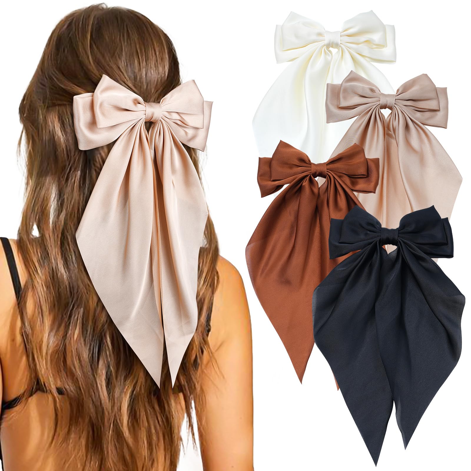 4 Pcs Hair Bows for Women Big Ribbon Bows for Hair Long Tail Bow Hair Clips Cute Hair Barrettes Hair Accessories for Girls (Blac