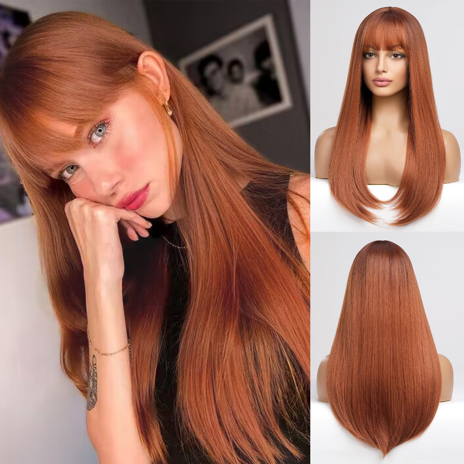Haircube Auburn Wig With Bangs Long Hair With Bangs Red Hair Natural Appearance Heat-Resistant Synthetic Wig Daily Play Party Su