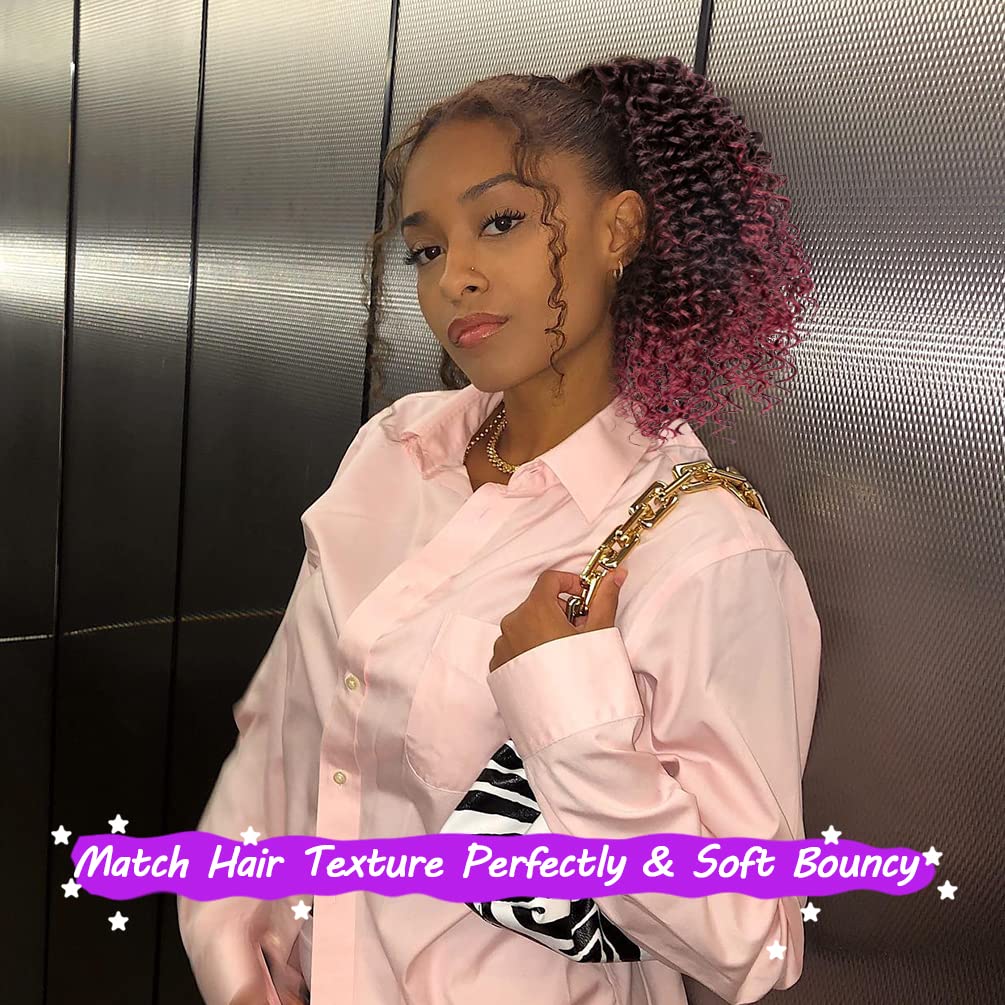 Short Kinky Curly Ponytail Extension For Black Women, 10 Inch Ombre Natural Black To Burgundy Drawstring Curly Ponytail With Two