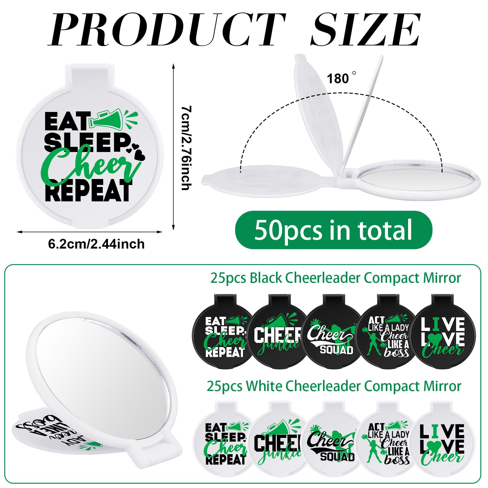 Wenqik 50 Pcs Cheerleader Mirror Gifts Cheerleading Compact Mirror Bulk Folding Pocket Mirror Cheer Party Favors For Team(Green