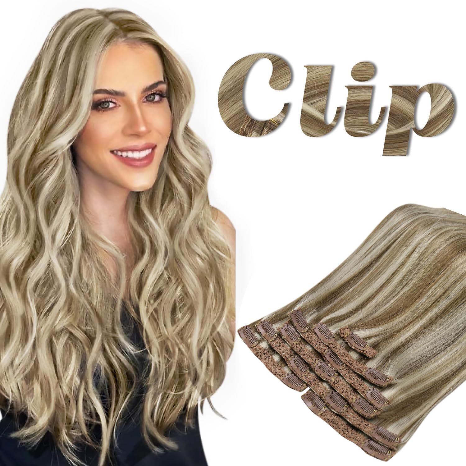 Sunny Real Human Hair clip in Hair Extensions Blonde Brown Highlights clip in Remy Hair Extensions Light Brown with Platinum Blo