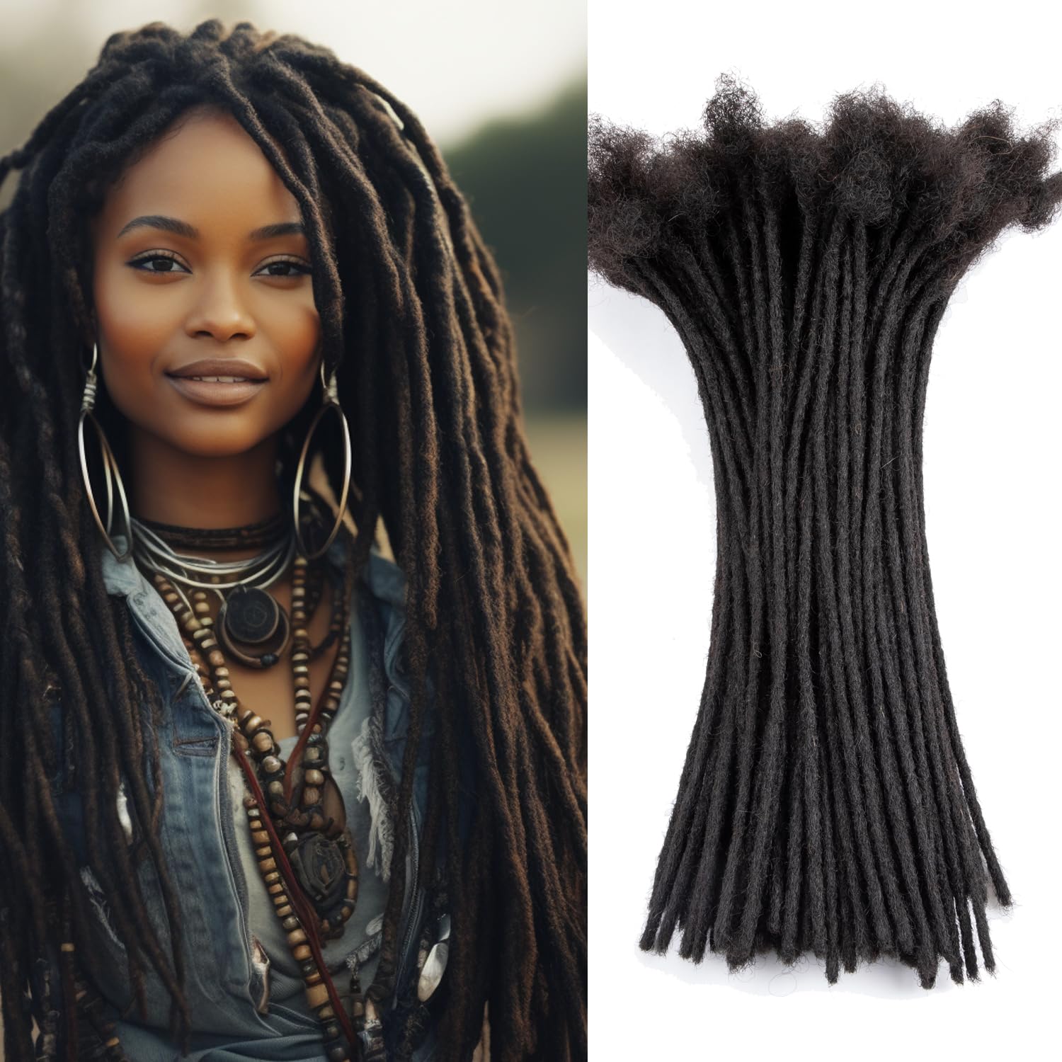 Teresa 12 Inch 0.2cm Width Loc Extension Human Hair Natural Black 60 Strands Full Hand-made Permanent Locs Extensions Can Be Dye