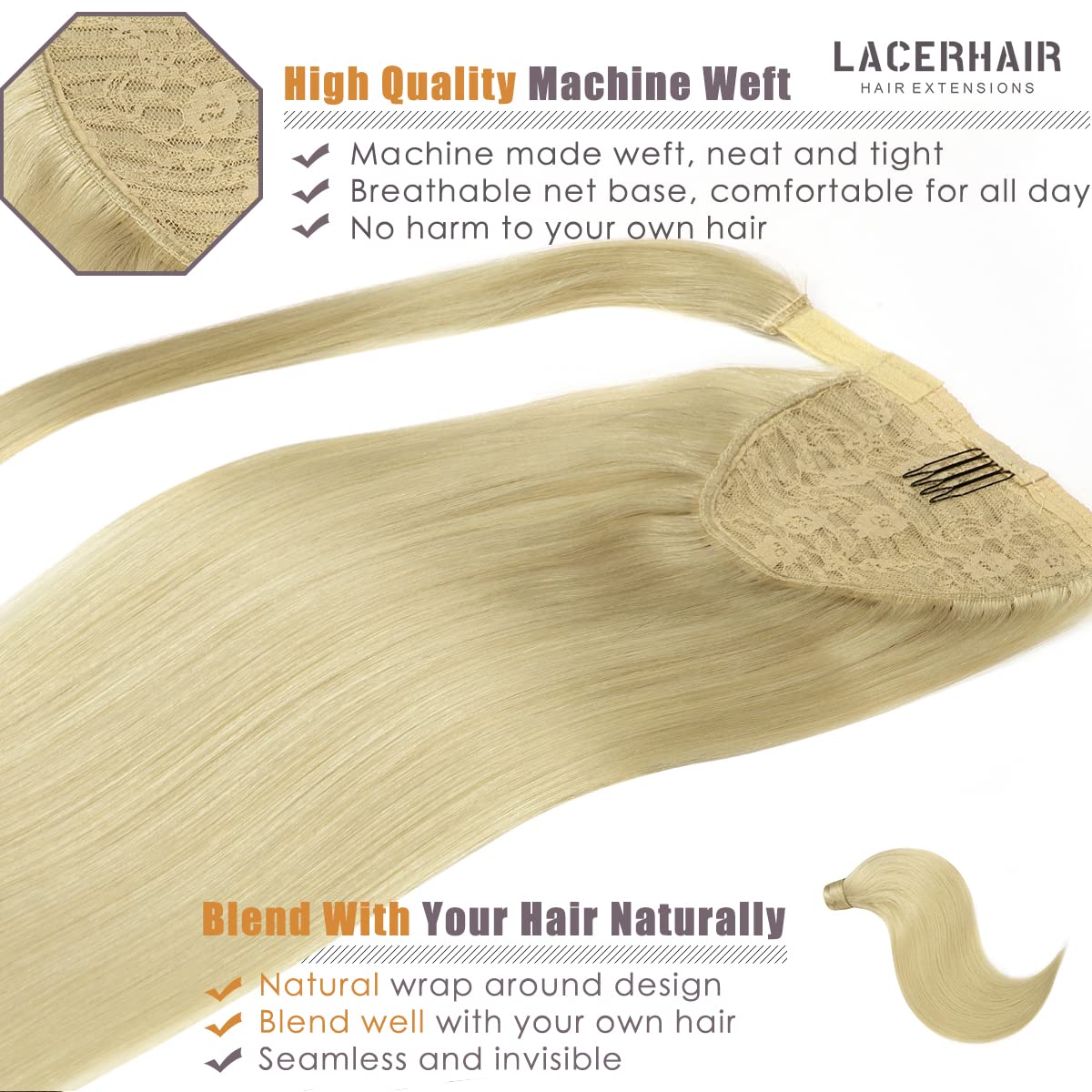 Lacer Wrap Around Ponytail Extension Human Hair Platinum Blonde Real Hair Ponytail Extension One Piece Silky Straight 70 Grams 1