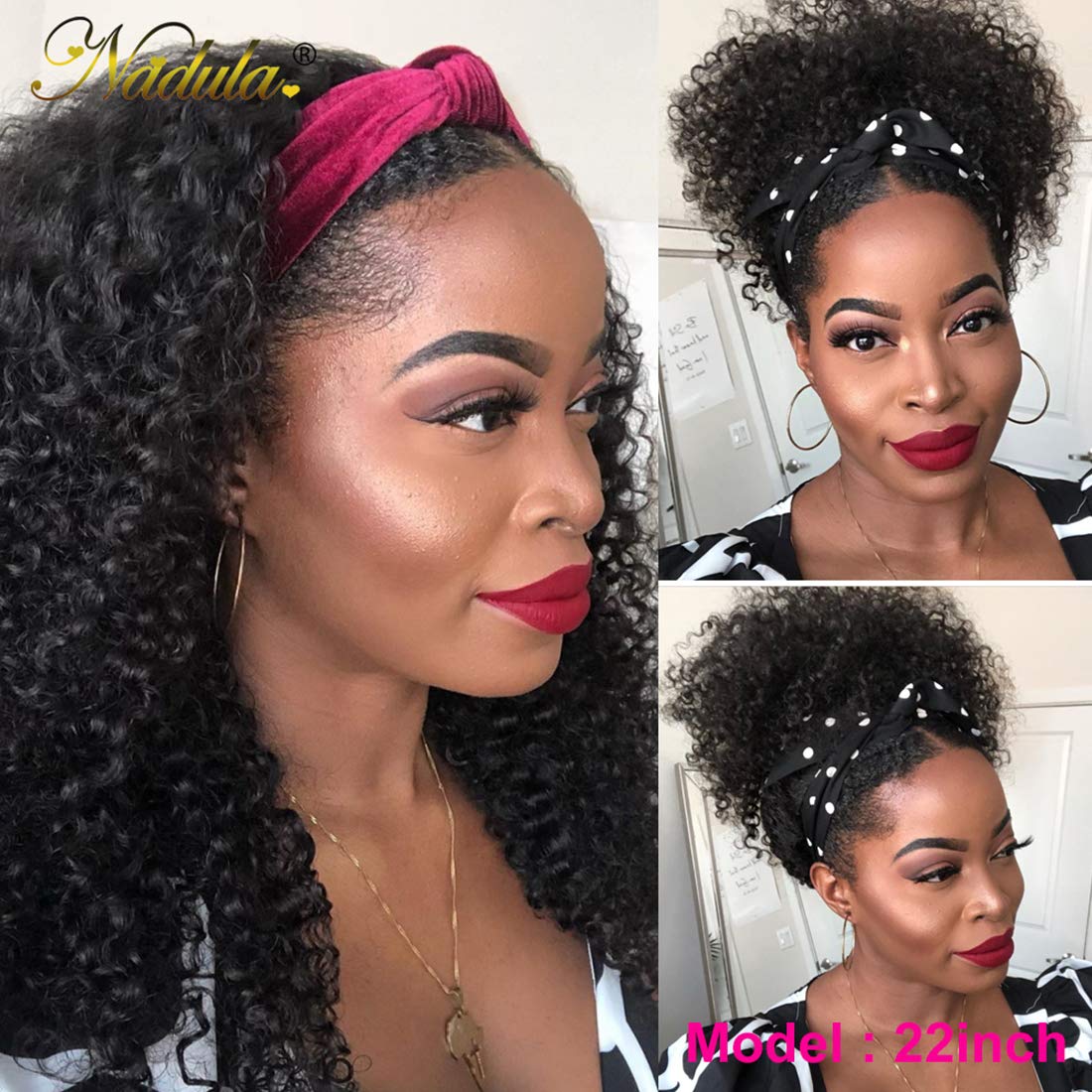 Nadula Hair 10A Afro Malaysian Kinky Curly Human Hair Half Wig Wear With Or Without Headband For Women, 100% Virgin Human Hair H