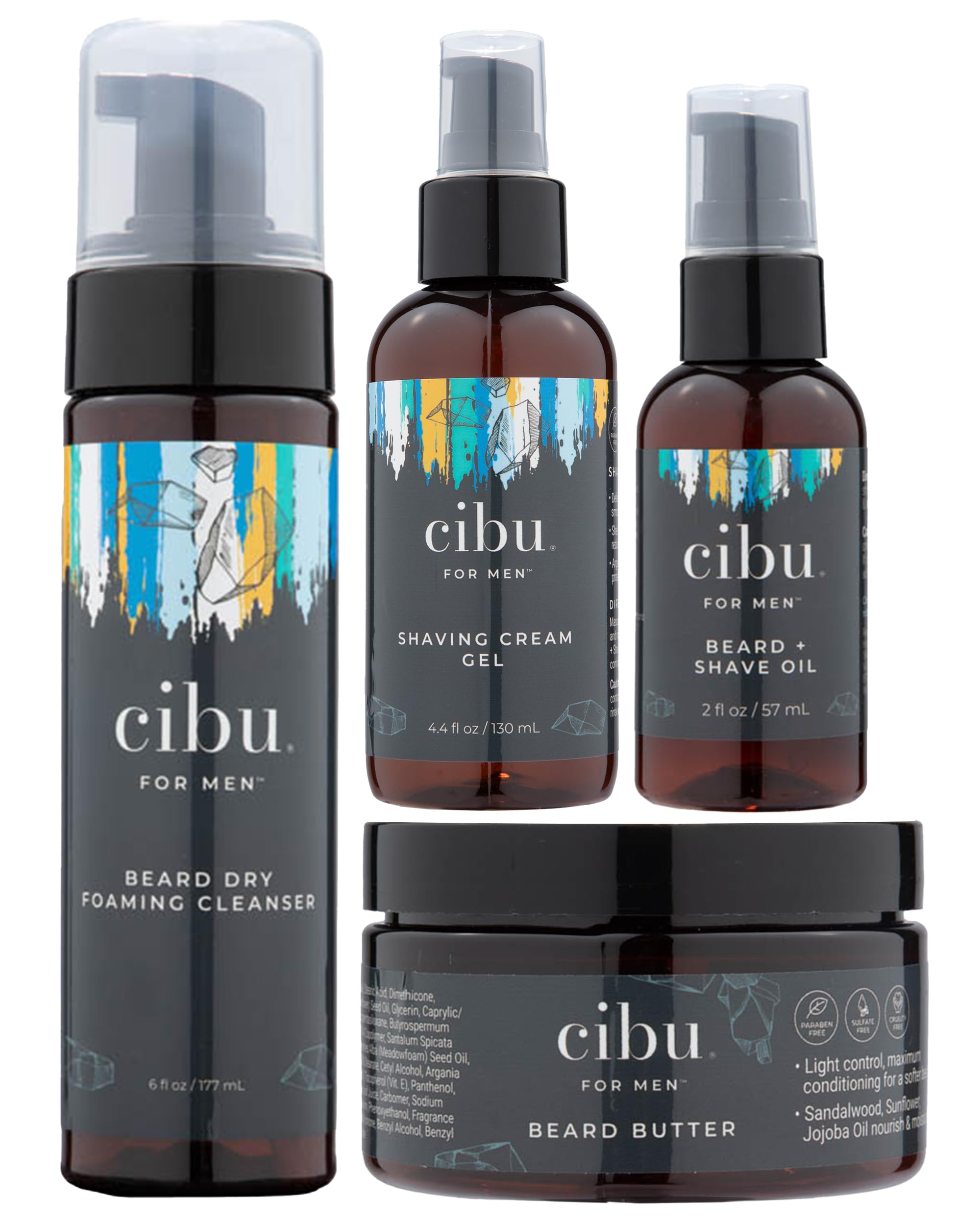 CIBU for Men Grooming Set  Beard Dry Foaming Cleanser (6oz), Conditioning Butter (4oz), PreShave Oil (2oz), Shaving Cream Gel 