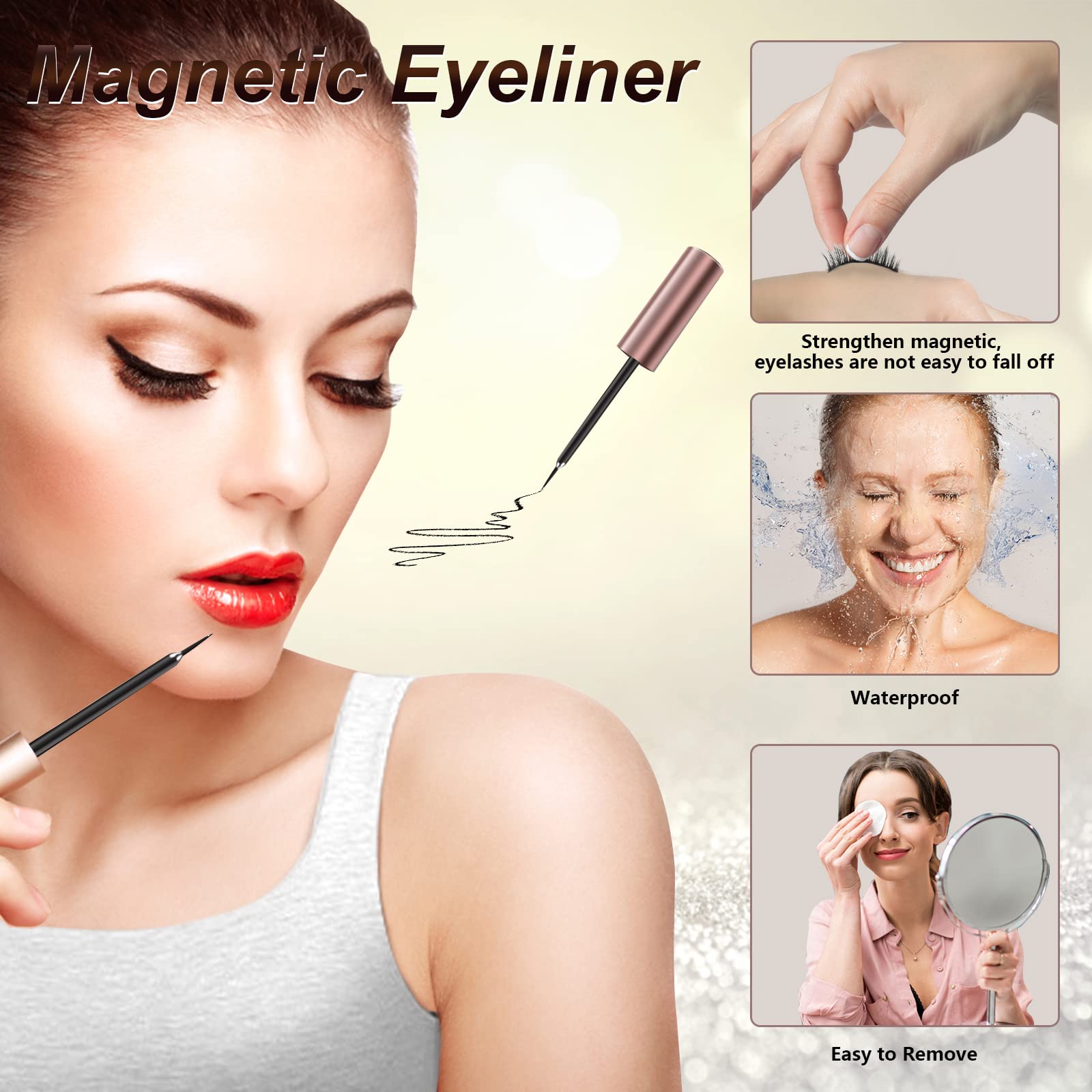 Magnetic Eyelashes Kit, Magnetic Lashes Natural Look, 3D Reusable Magnetic Eyelashes With Eyeliner, False Eyelashes With 2 Tubes