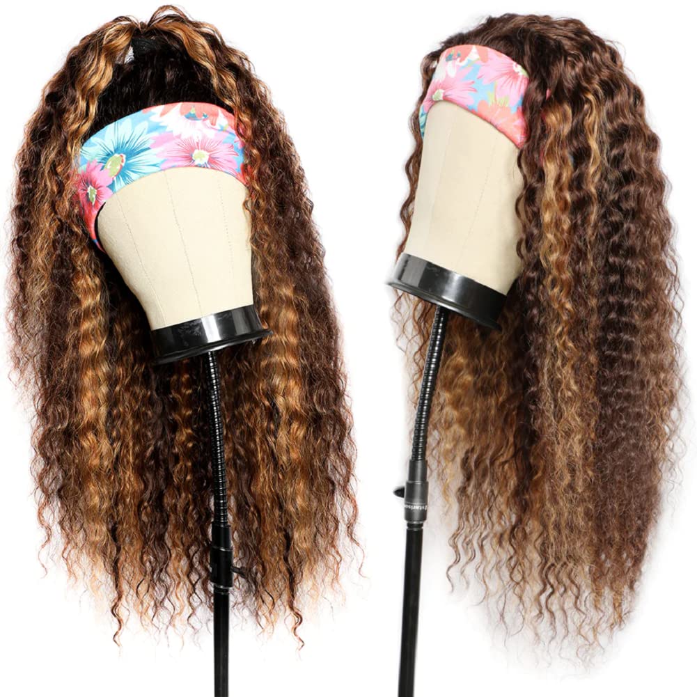 Ombre Headband Wig Human Hair 4/27 Highlight Curly Headband Wigs For Black Women Human Hair 20 Inch Glueless Deep Wave None Lace