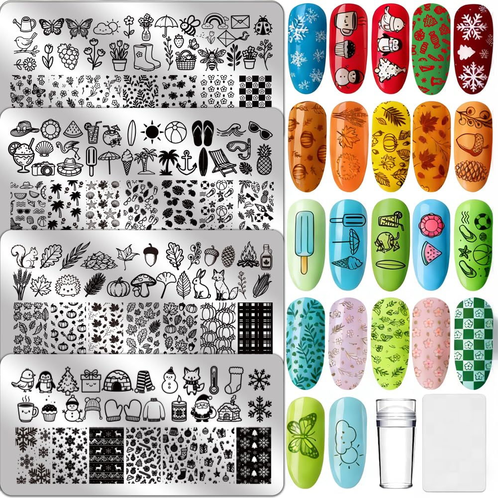 PRESSINART 4 Sheets Stainless Steel Nail Art Plate 4.72 x 2.36 Inch Nail Stamping Plates Seasonal Flowers Various Pattern Templa