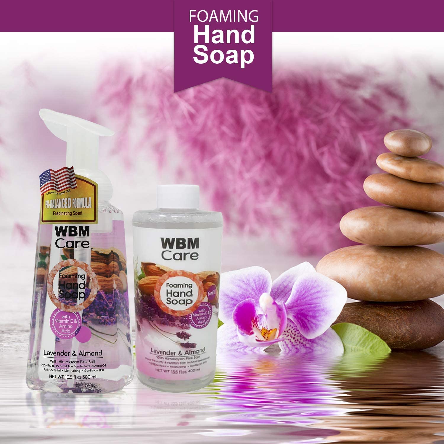WBM Care Lavender Natural Foaming Soap Refills, Enriched with Almond Scent, Vitamin E & Amino Acid, Moisturizing & Nourishing, H