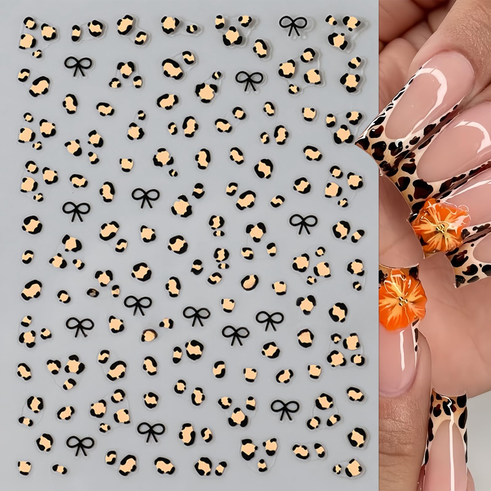 8Pcs Leopard Print Nail Art Stickers 3D Self-Adhesive Black Pink Bow-Knot Nail Decals Cute Tiny Bow French Line Nail Design Supp