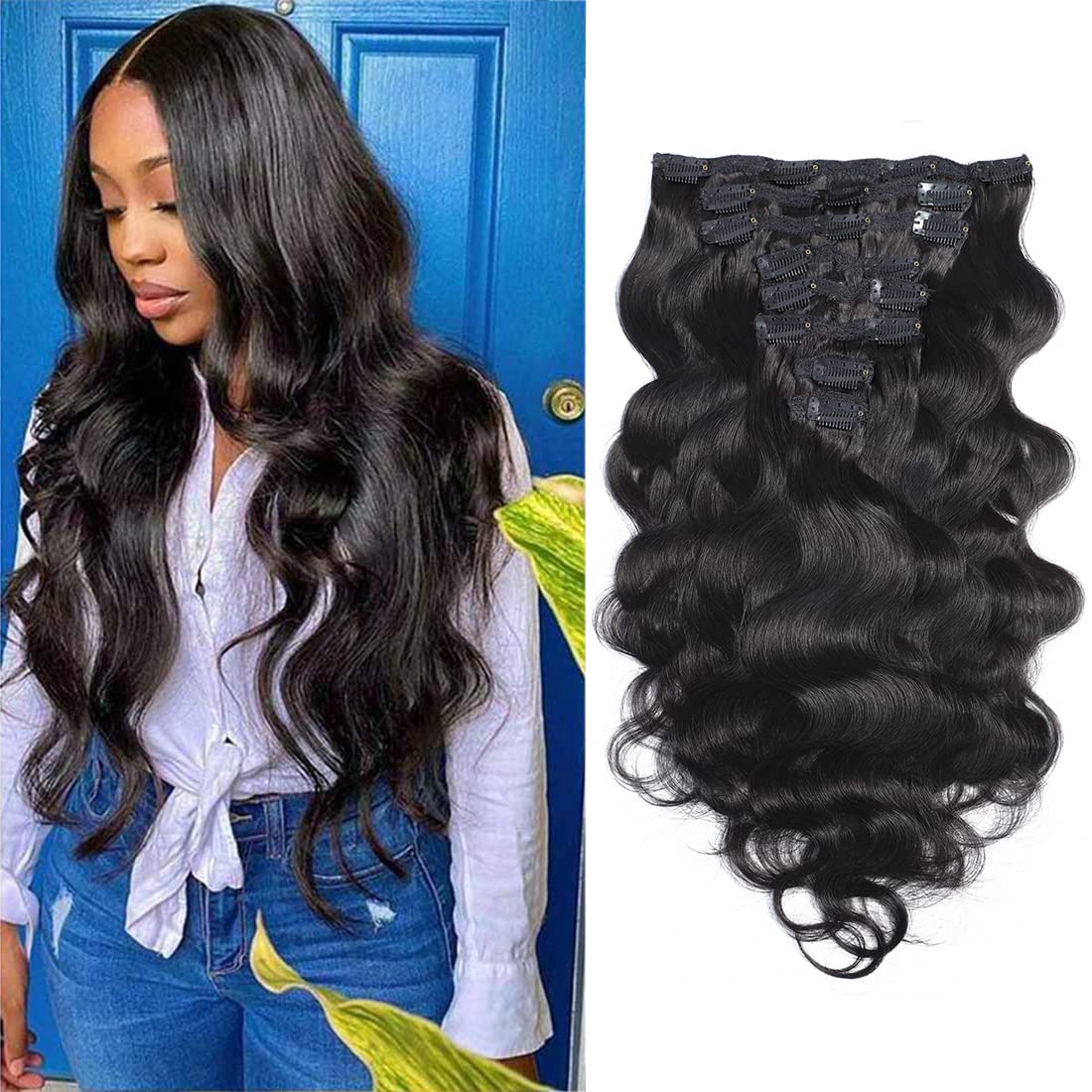 Body Wave Clip In Hair Extensions Human Hair for Fashion Women No Tangling No Shedding 20 Inch Clip ins Natural Black 8pcs 135g/