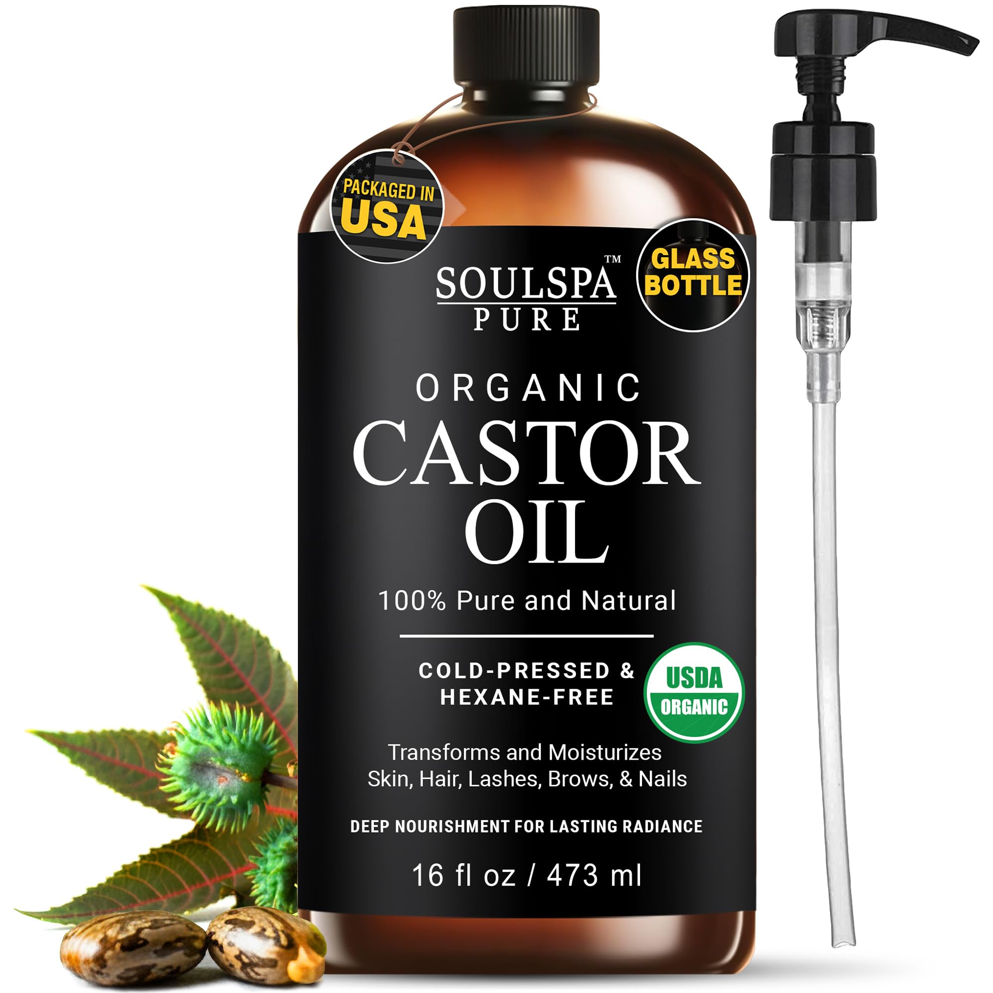 Organic Castor Oil Glass Bottle for Hair Growth, Face, Scalp, Skin | USDA Certified | 100% Pure Castor Oil Organic Cold Pressed 