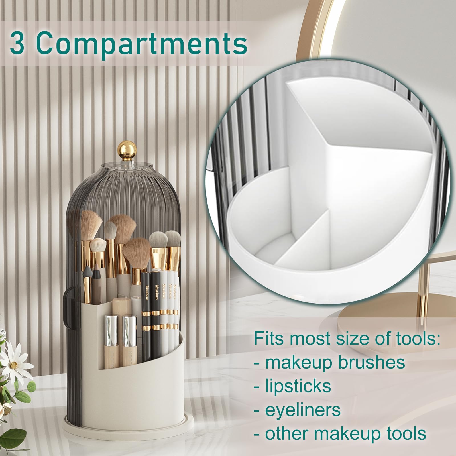 Gaxmi Makeup Brush Holder With Lid Cosmetic Tools Organizer 360 Rotating Waterproof Dustproof Makeup Brushes Storage For Vanity,
