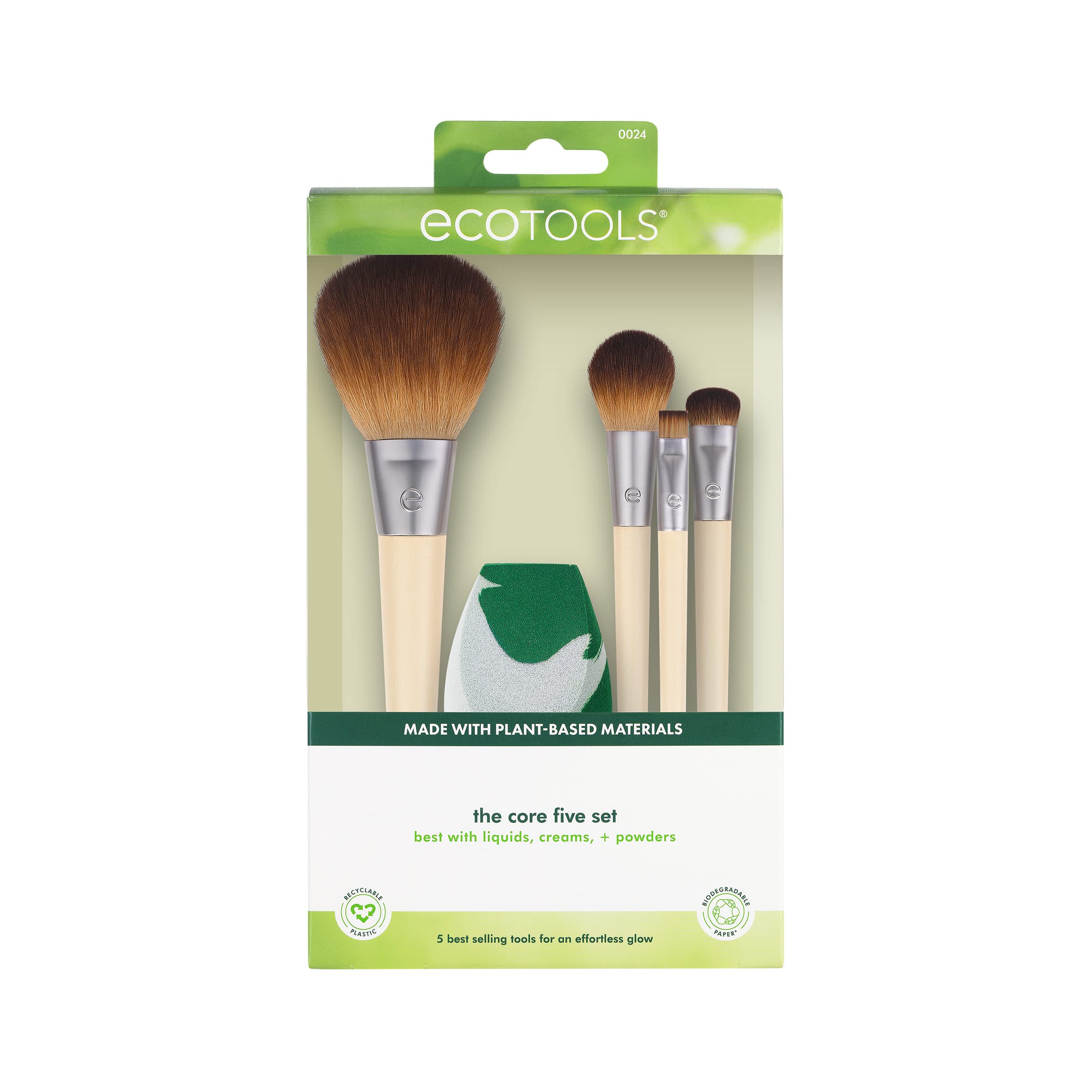 Ecotools Core Five Makeup Brush And Sponge Kit, For Eyeshadow, Blush, Bronzer, Eyeliner, & Foundation, Makeup Blending Sponge Fo