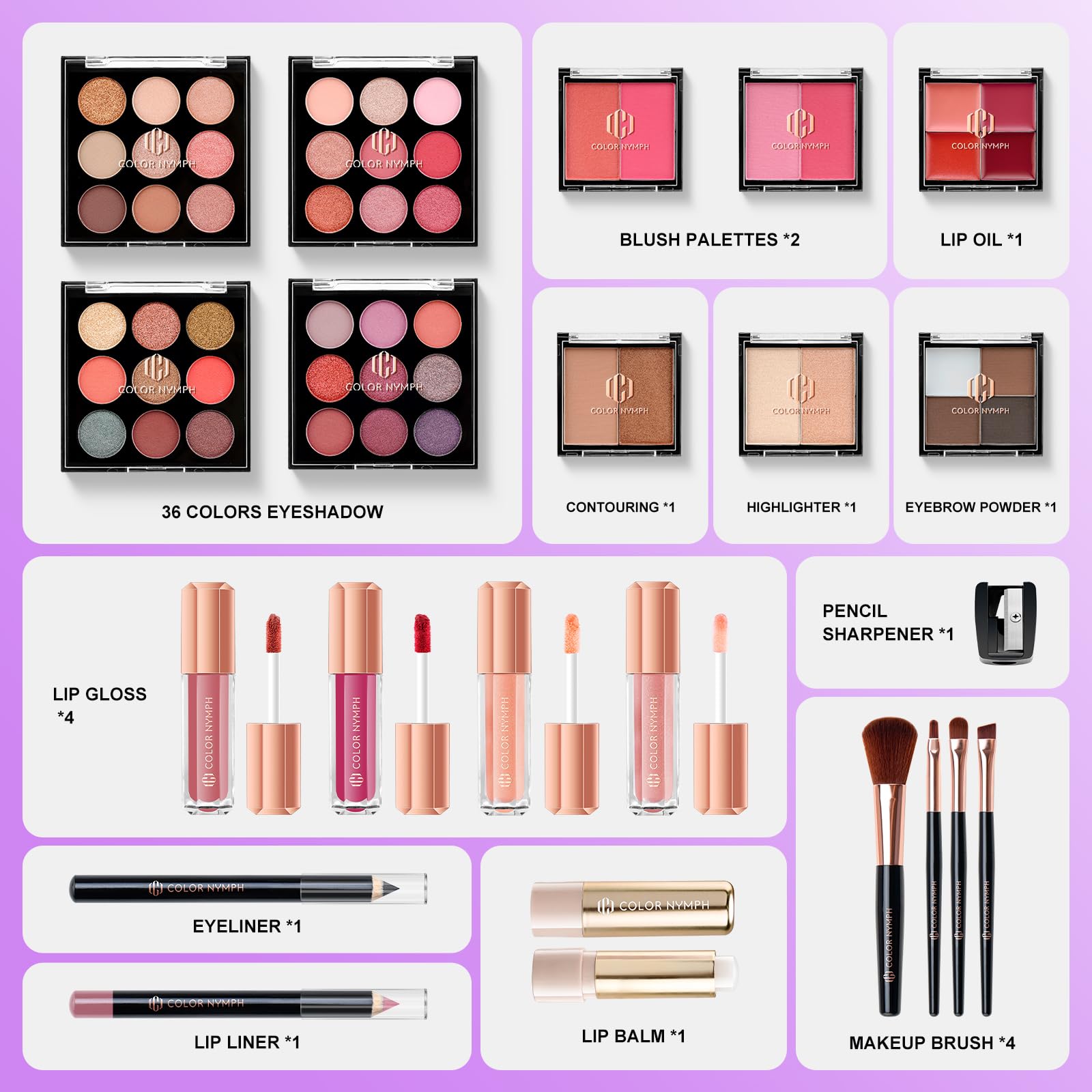 Color Nymph All In One Makeup Kit For Girls Teens, Makeup Set 4 Trays Spacious Space Train Case For Beginner With Eyeshadow High