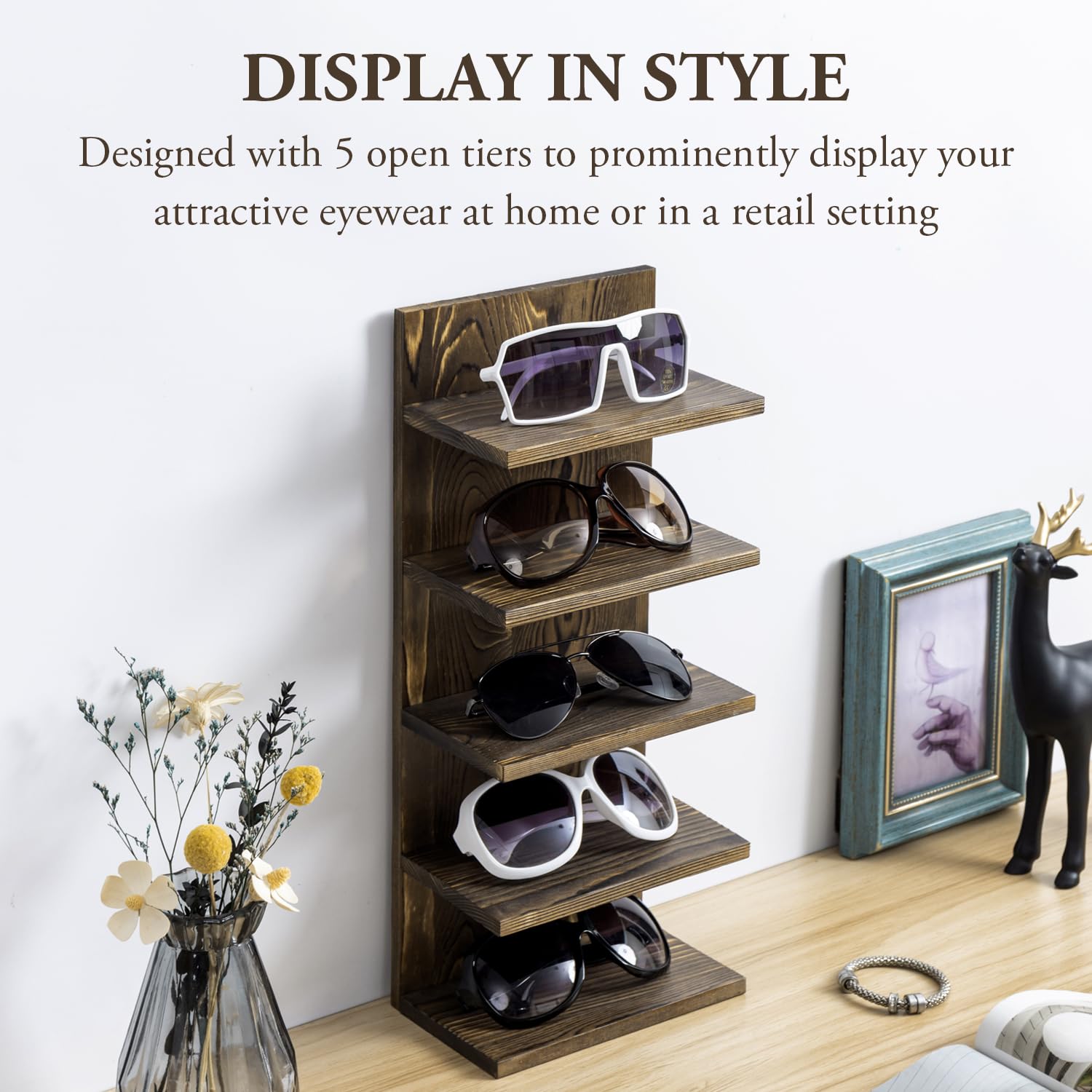 MyGift 5 Tier Rustic Burnt Solid Wood Sunglasses Holder Rack, Wall Mounted Eye Glasses Shelf or Tabletop Display Stand, Retail E