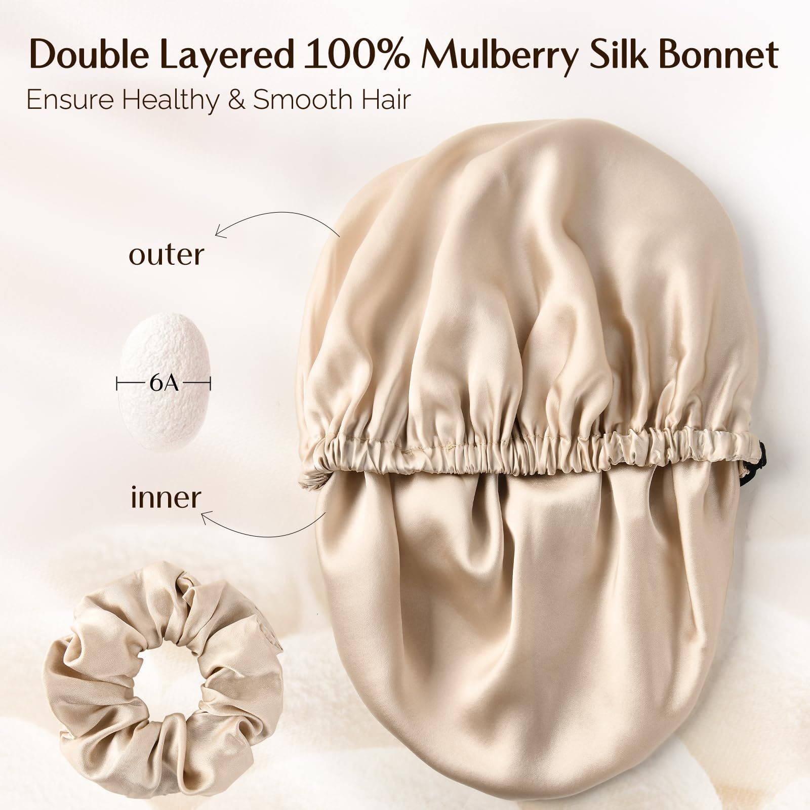 Yanibest 22 Momme 100% Mulberry Silk Sleep Cap Silk Bonnet For Women - Natural Silk Sleeping Cap Hair Bonnet & Silk Scrunchies